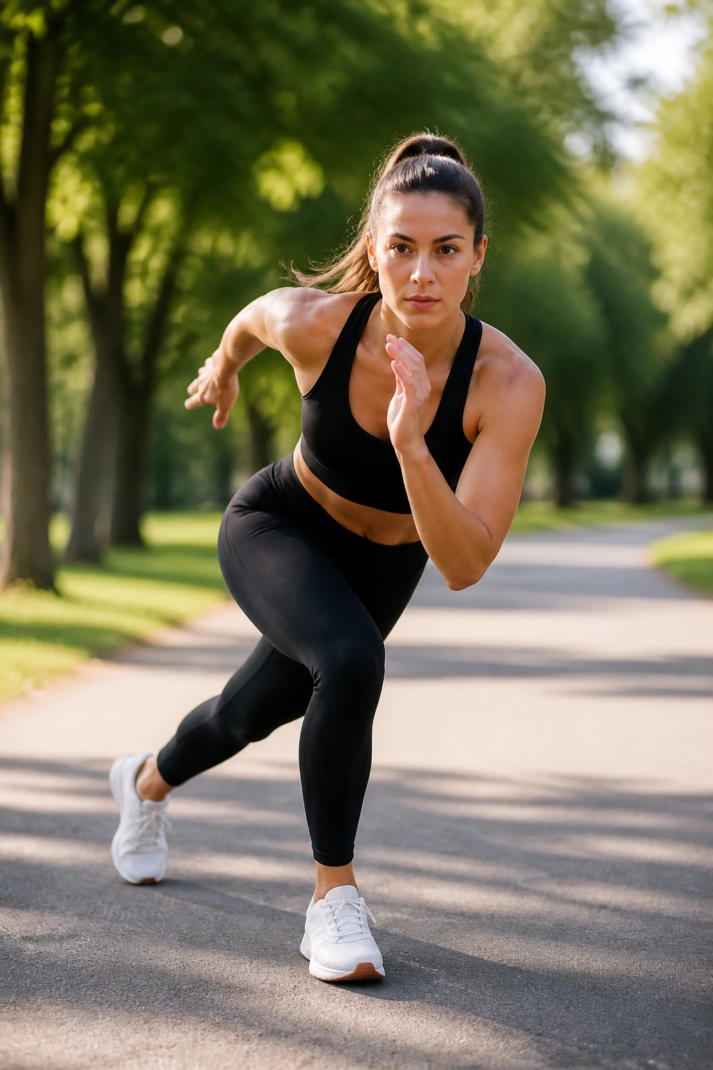Medium shot of a person performing skating lunges in a park