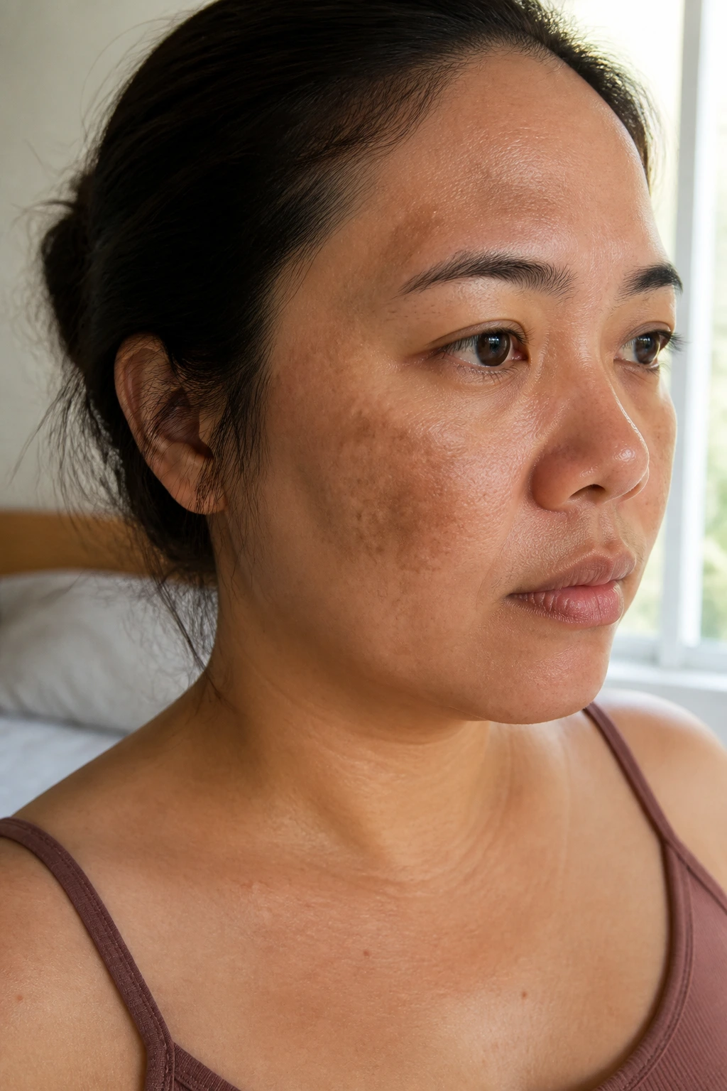 Close-up portrait of a pregnant person showing patchy pigment changes like melasma on the face