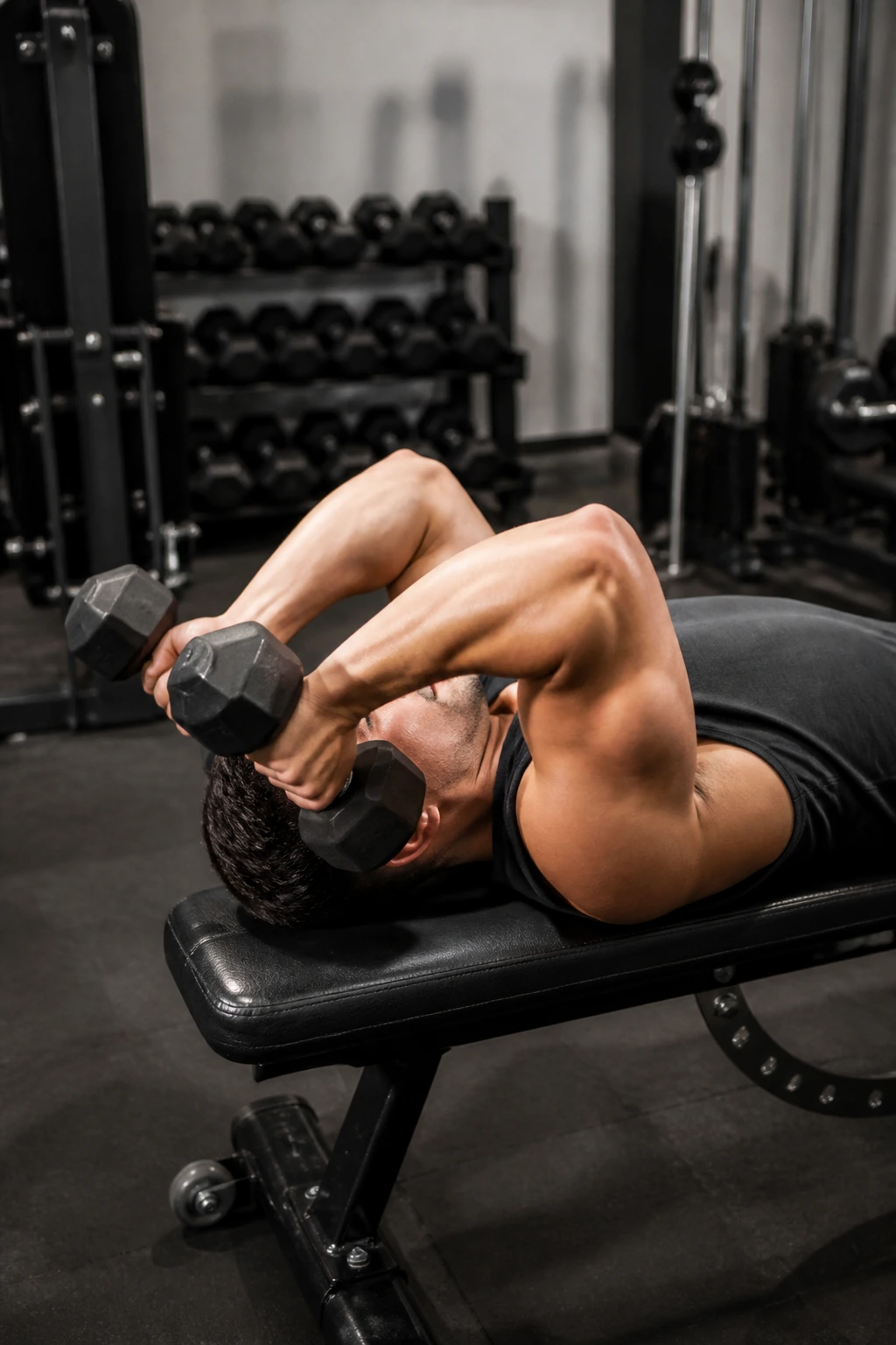 Real person lying on bench performing skull crushers with dumbbells above chest.