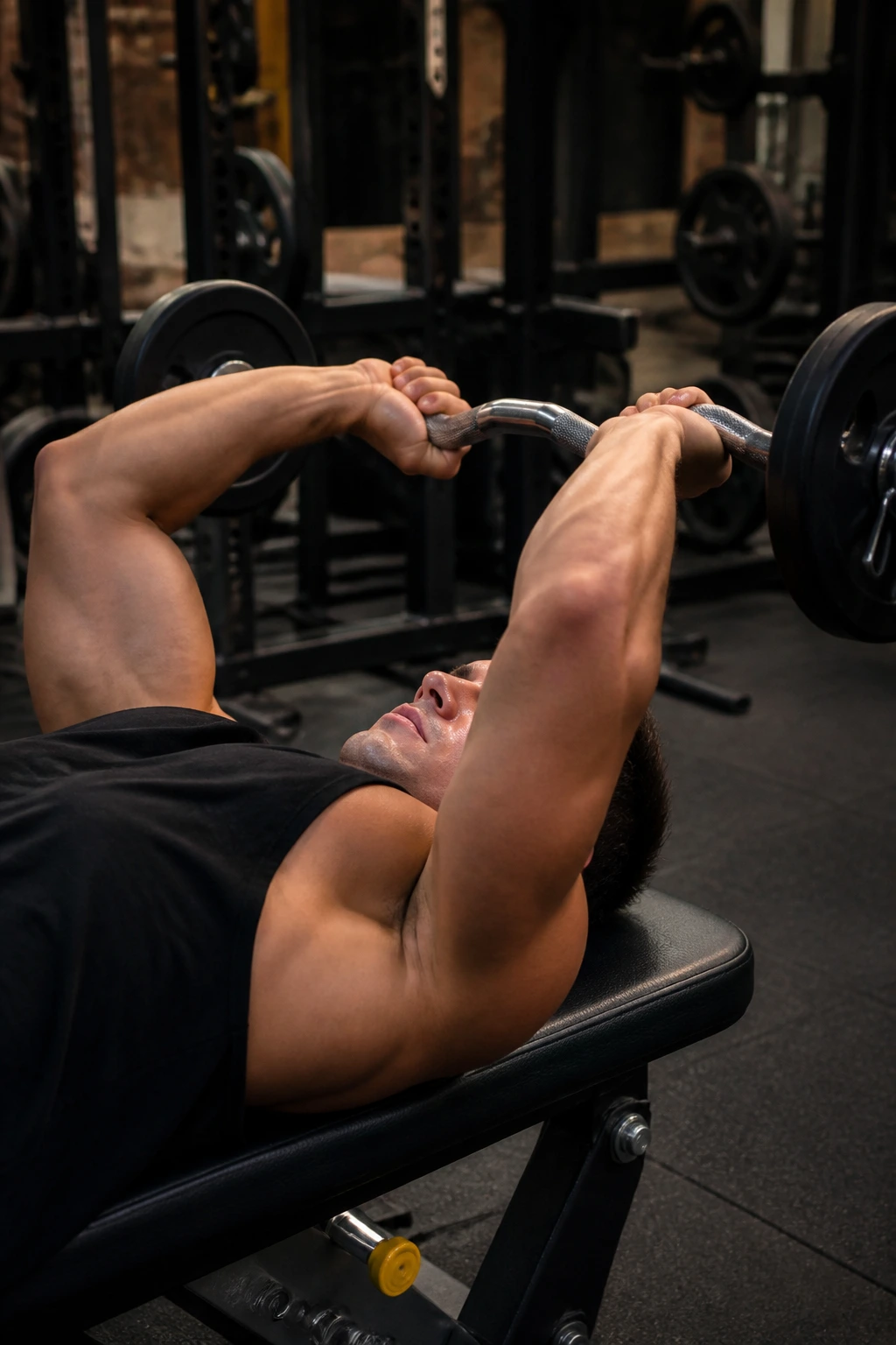 Arms in skull crusher position on a bench with an EZ-bar