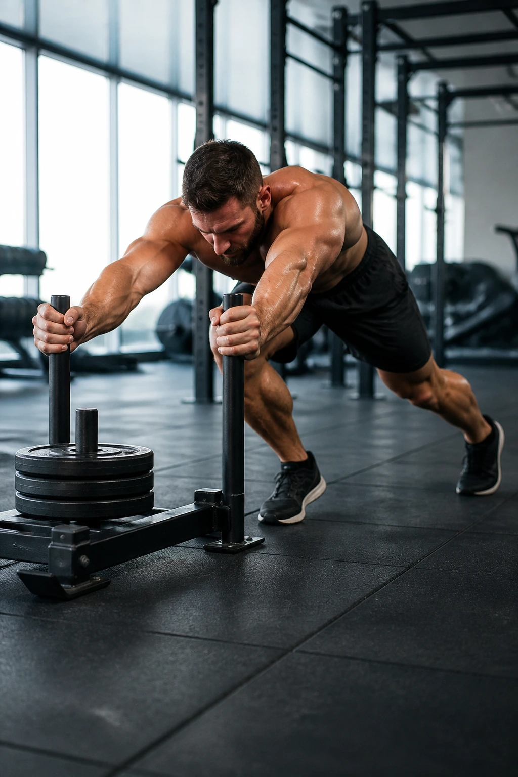 Close-up of athlete performing sled drag with long stride in gym, hamstrings engaged.