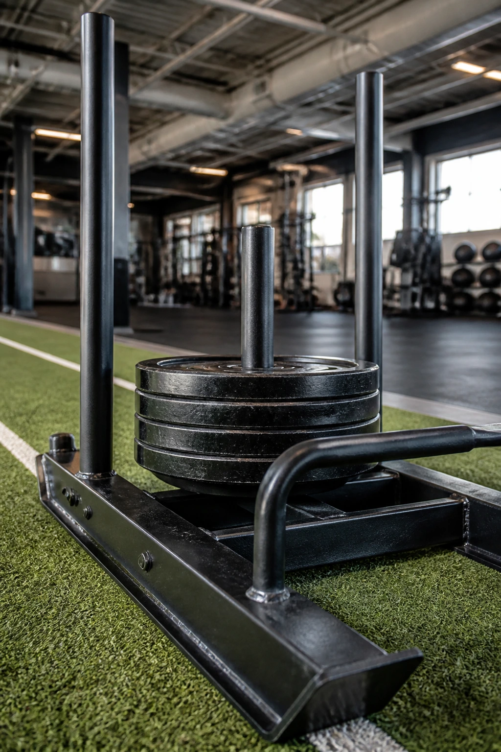 Close-up of weighted gym sled on turf with rails