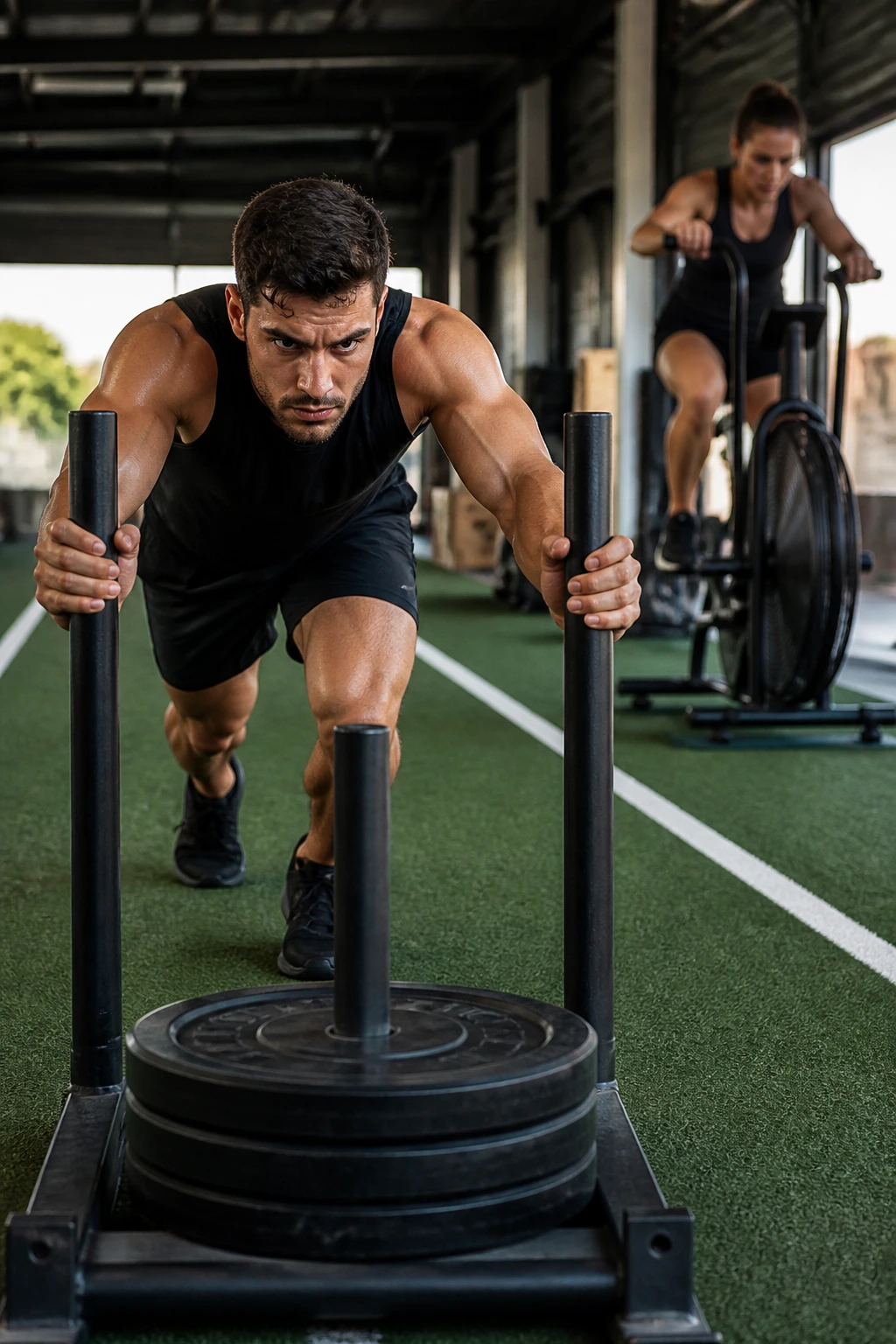 Athlete pushing sled with assault bike in gym background