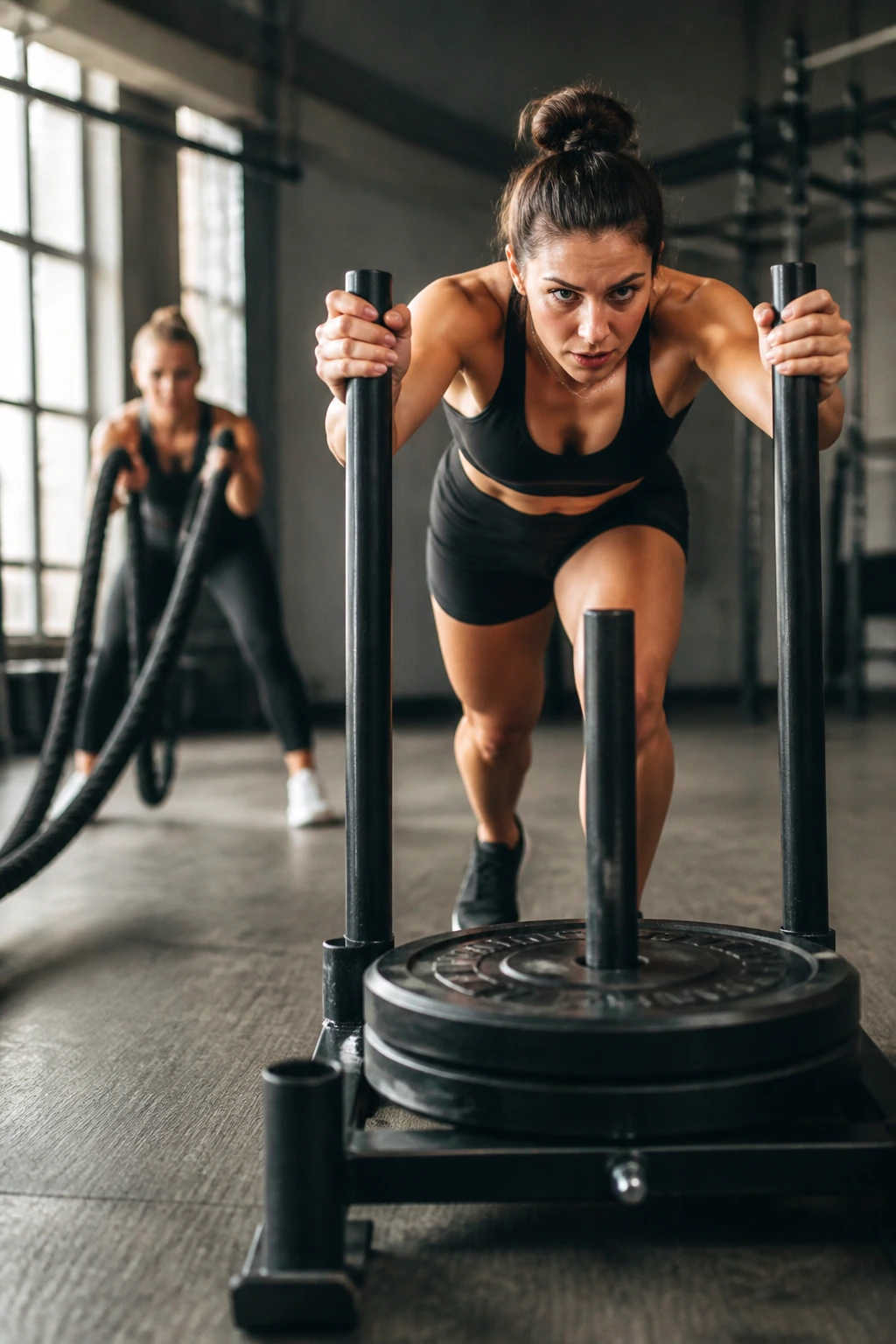 Athlete pushing a weighted sled with battle rope waves visible in a gym