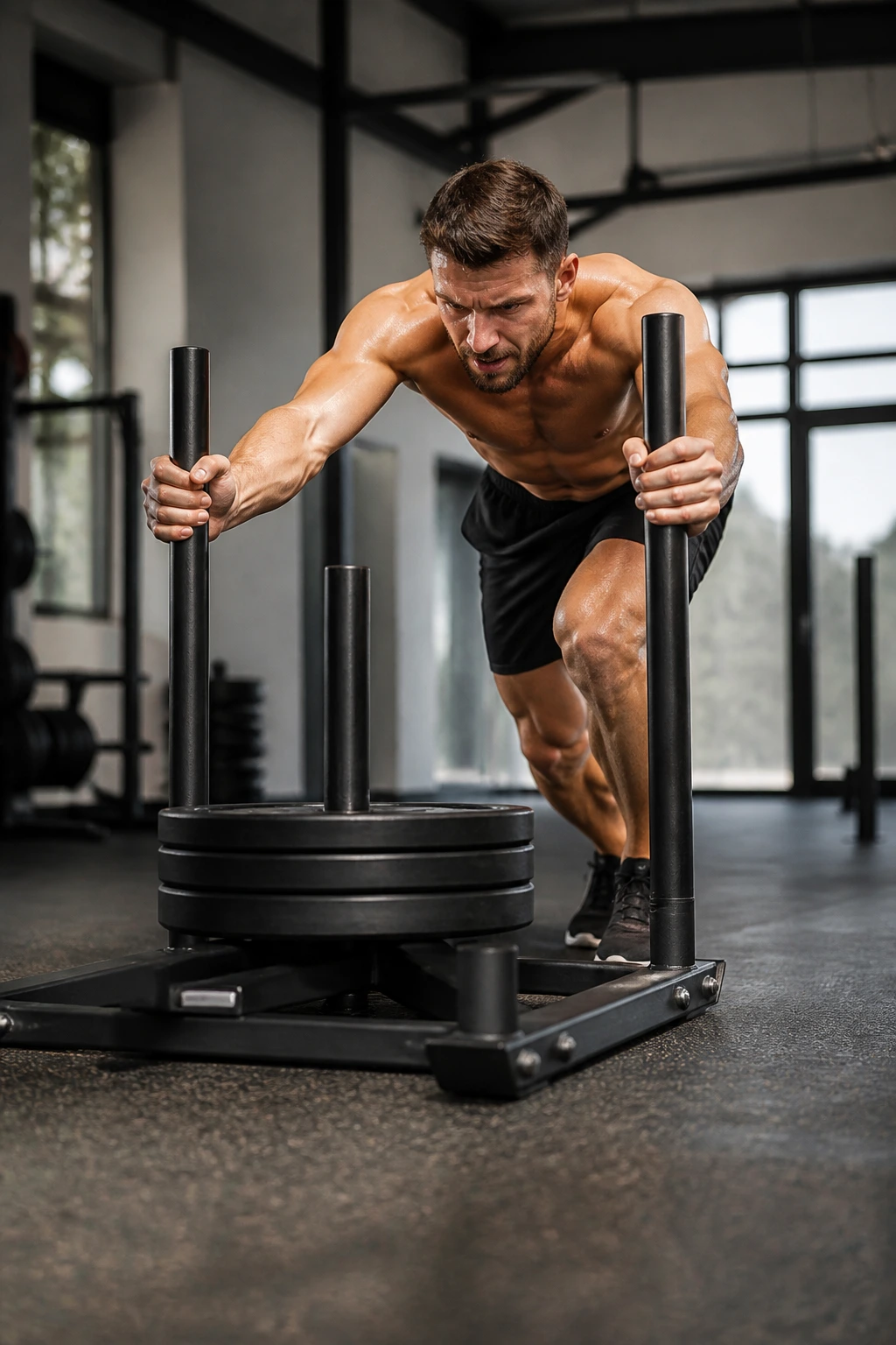 Athlete pushing weighted sled as part of conditioning circuit