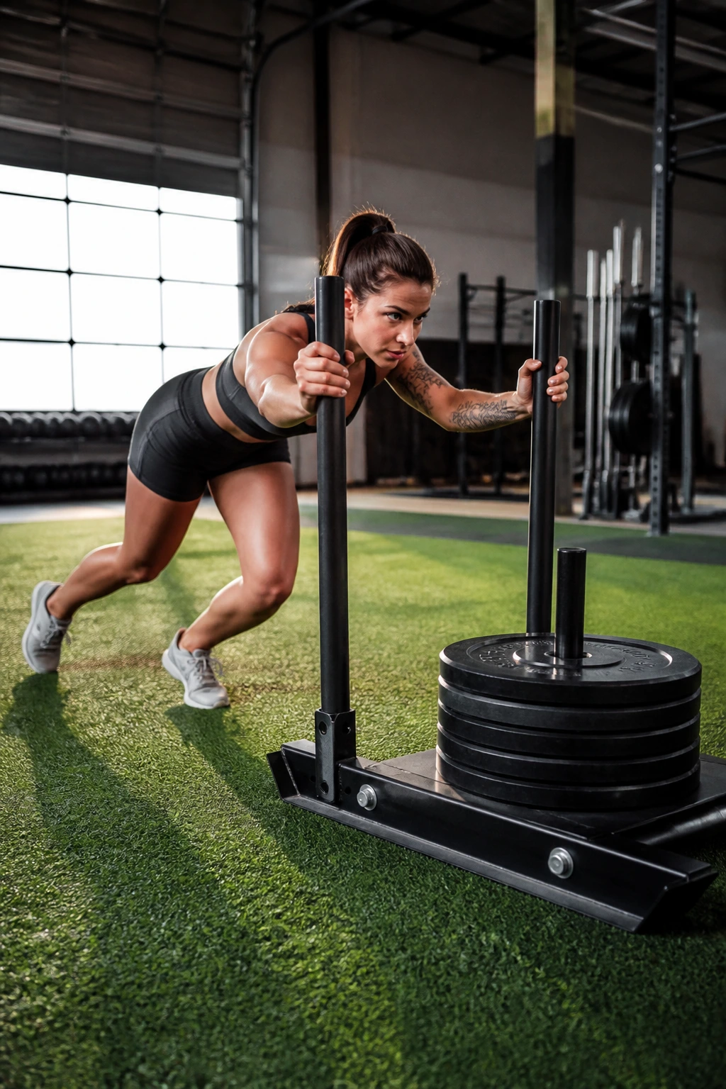 Person pushing a weighted sled on turf in a gym