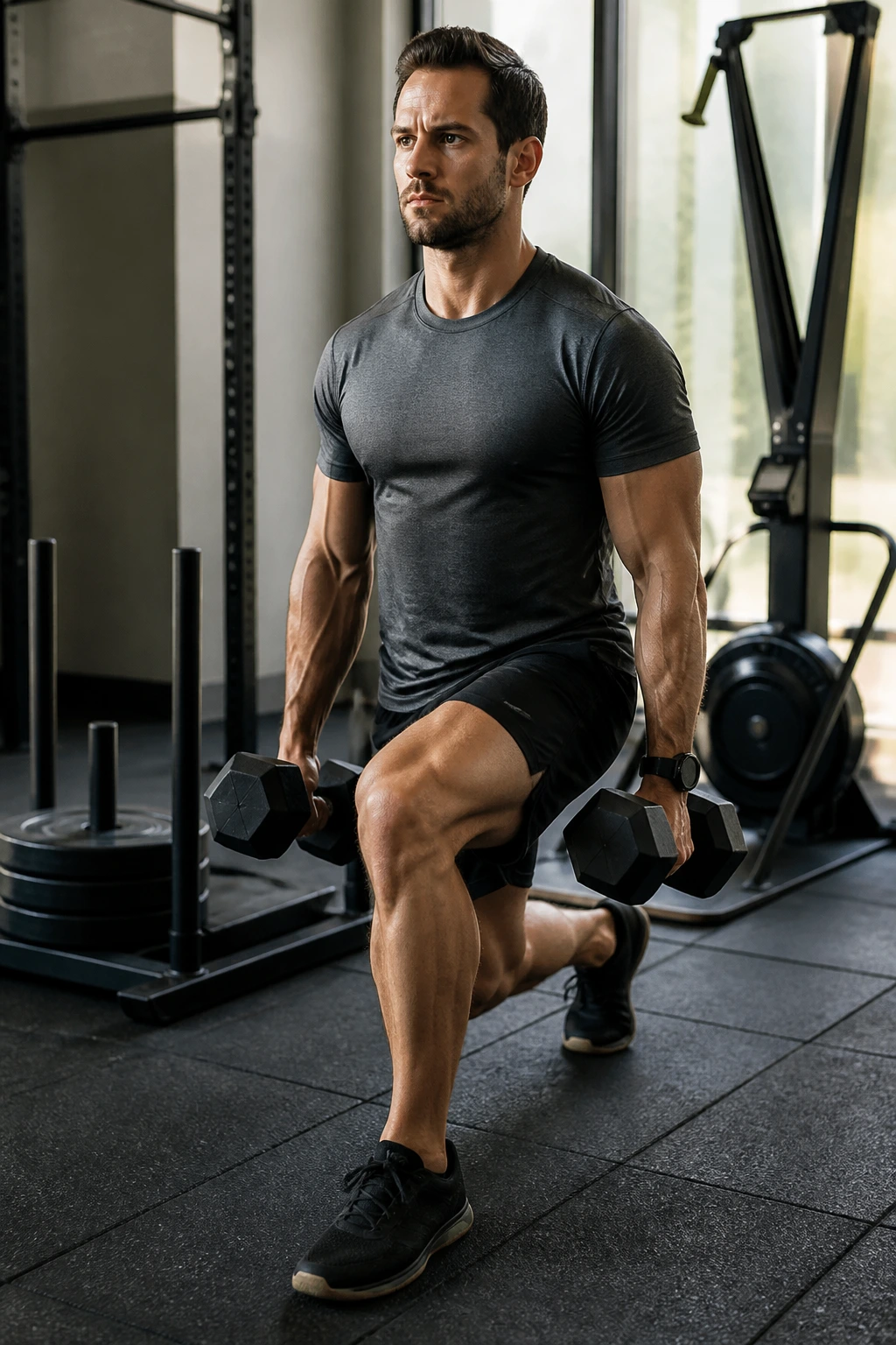 Athlete performing walking lunges with sled and SkiErg in the background in a gym