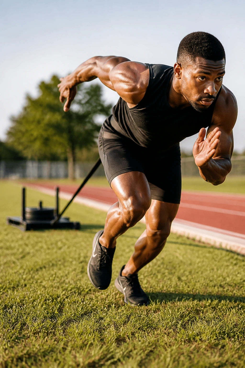 Close-up of sprinter performing sled-resisted start on grass with lightweight sled attached