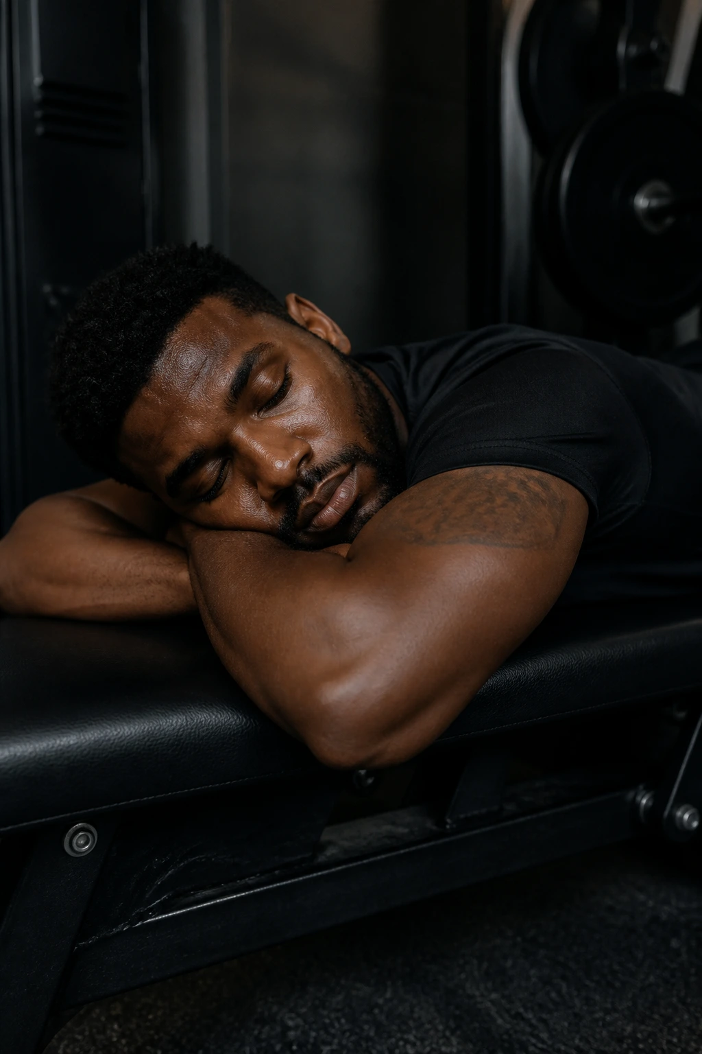 Person resting on a gym bench illustrating the importance of sleep for performance