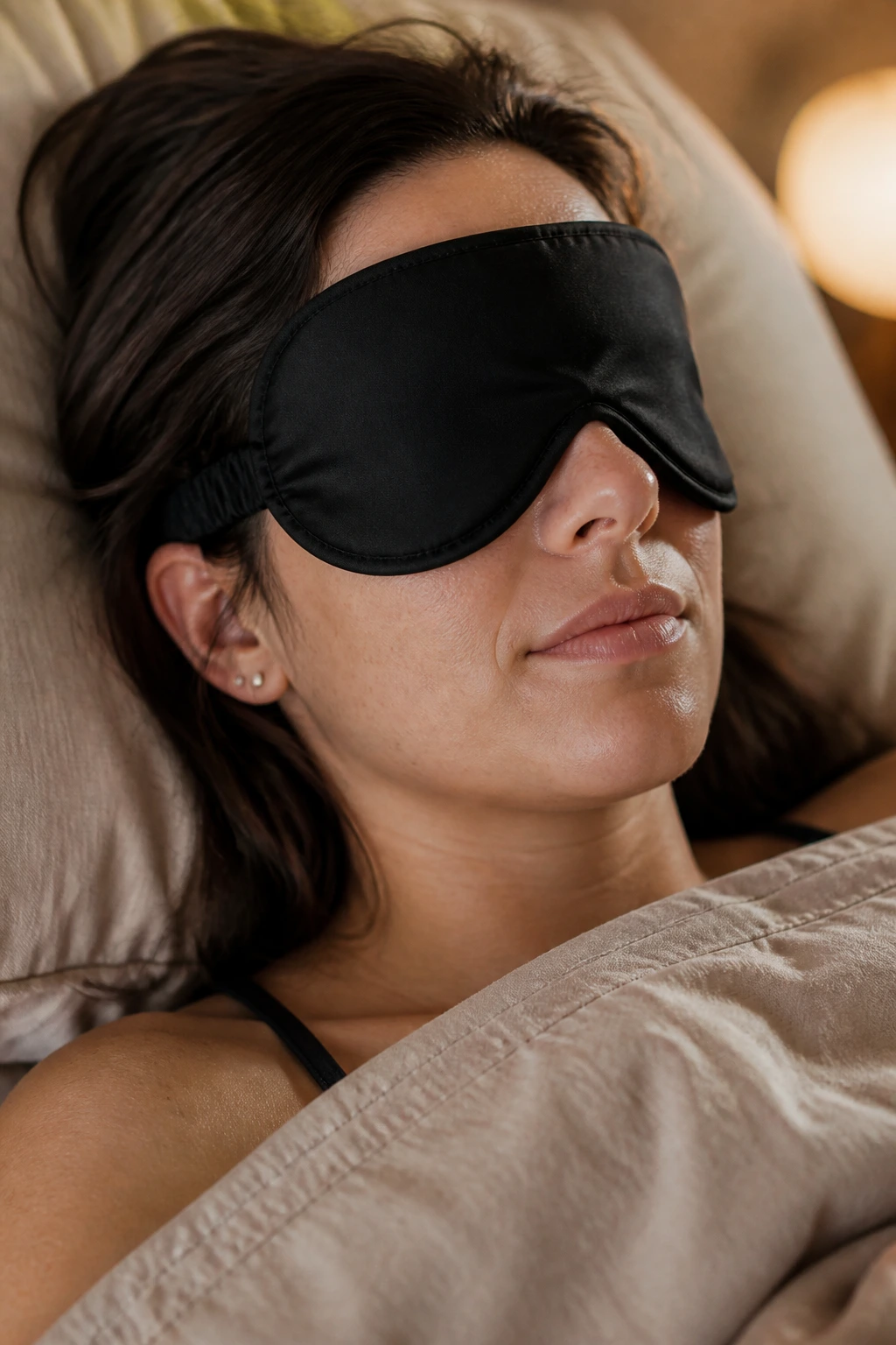 Portrait of a person wearing a sleep mask for a nap.