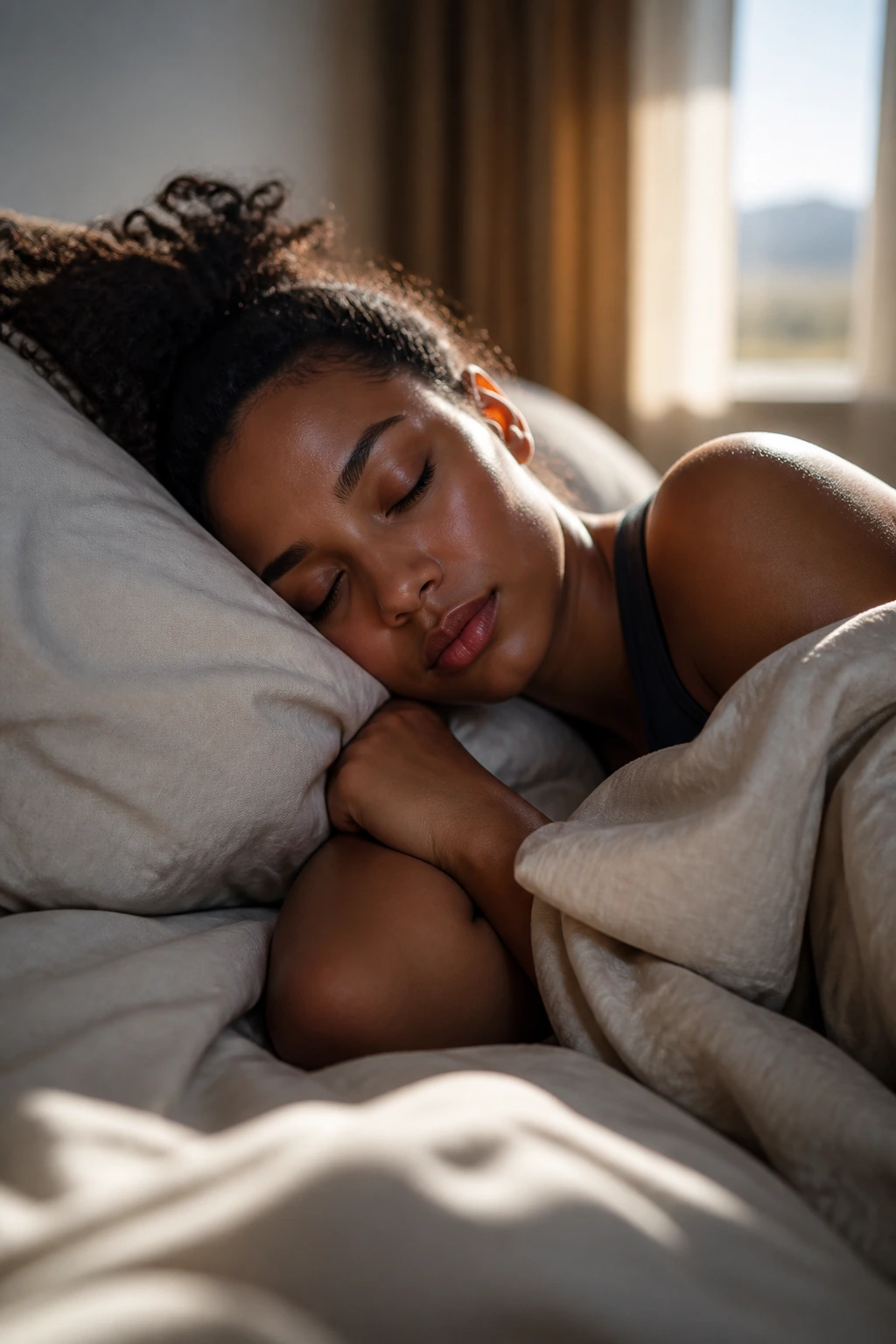 Person sleeping peacefully in a dimly lit bedroom