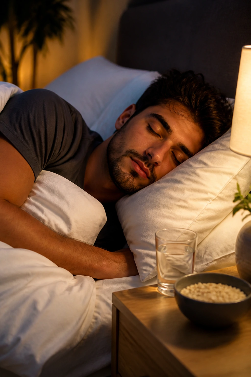 Person peacefully sleeping in a cozy bedroom with a snack hint nearby