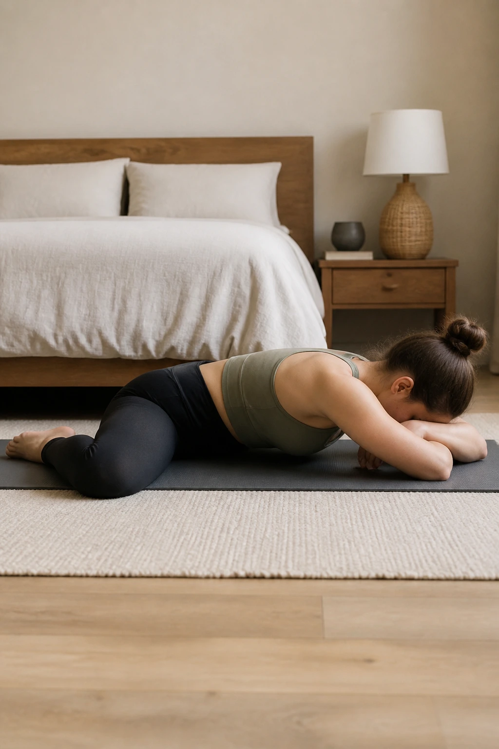 Real person in Sleeping Swan on a mat with chest lowered and forehead on forearms