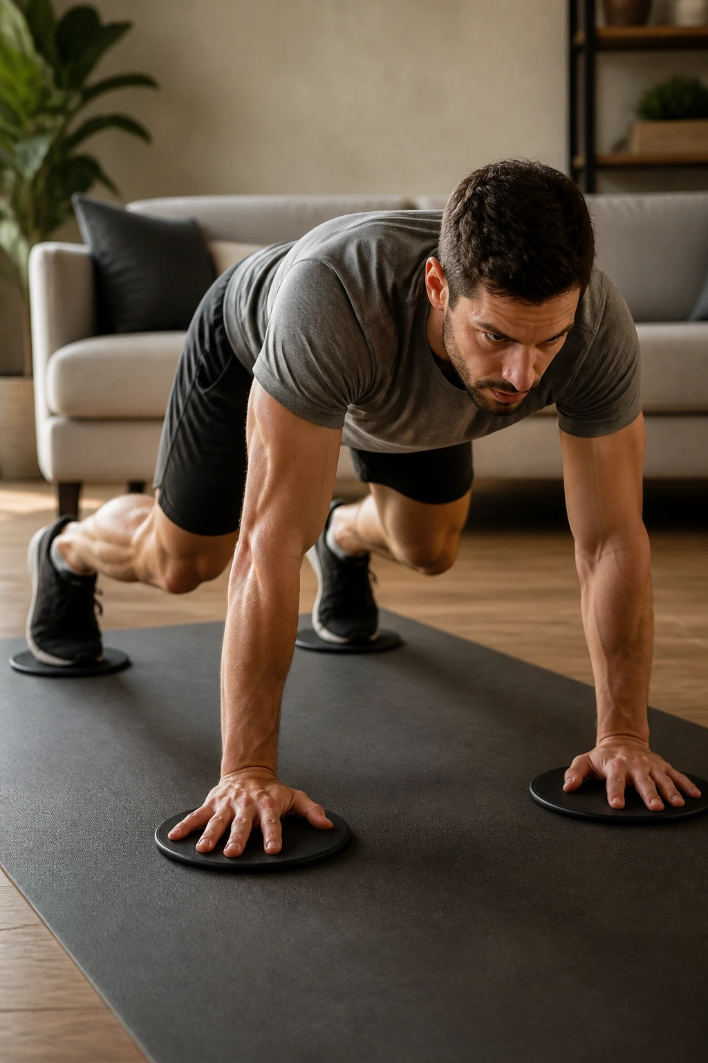 Bear crawl on sliders showing controlled movement and core engagement