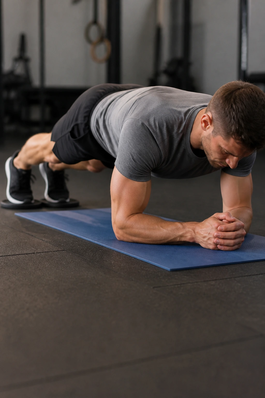 Forearm plank with feet on sliders performing body saw motion