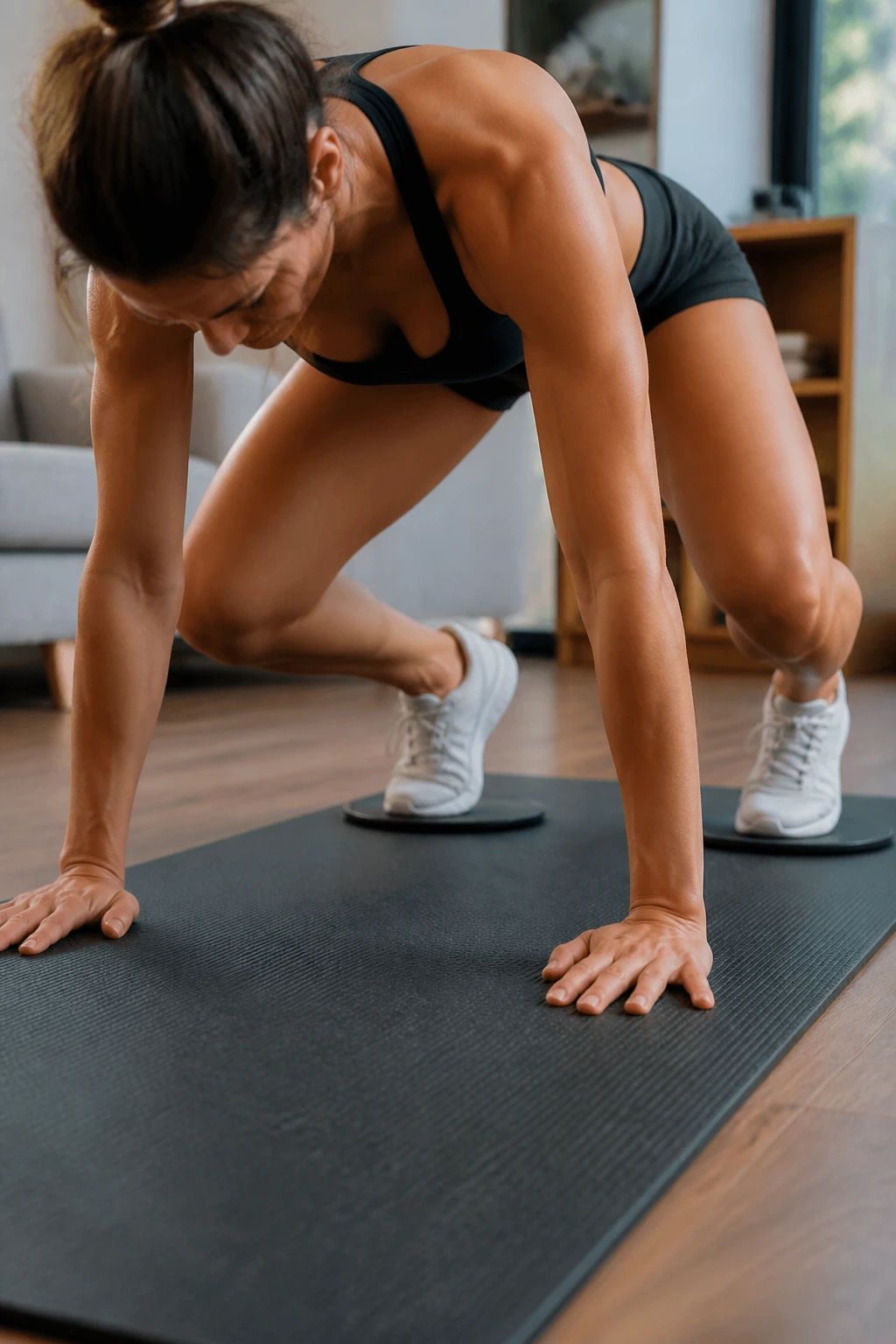 Person performing slider frog pull-ins with knees sliding toward elbows