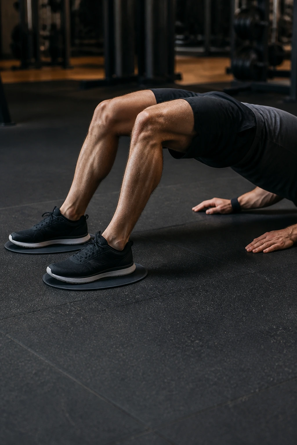 Close up of a person performing a slider hamstring curl with hips up and heels on sliders