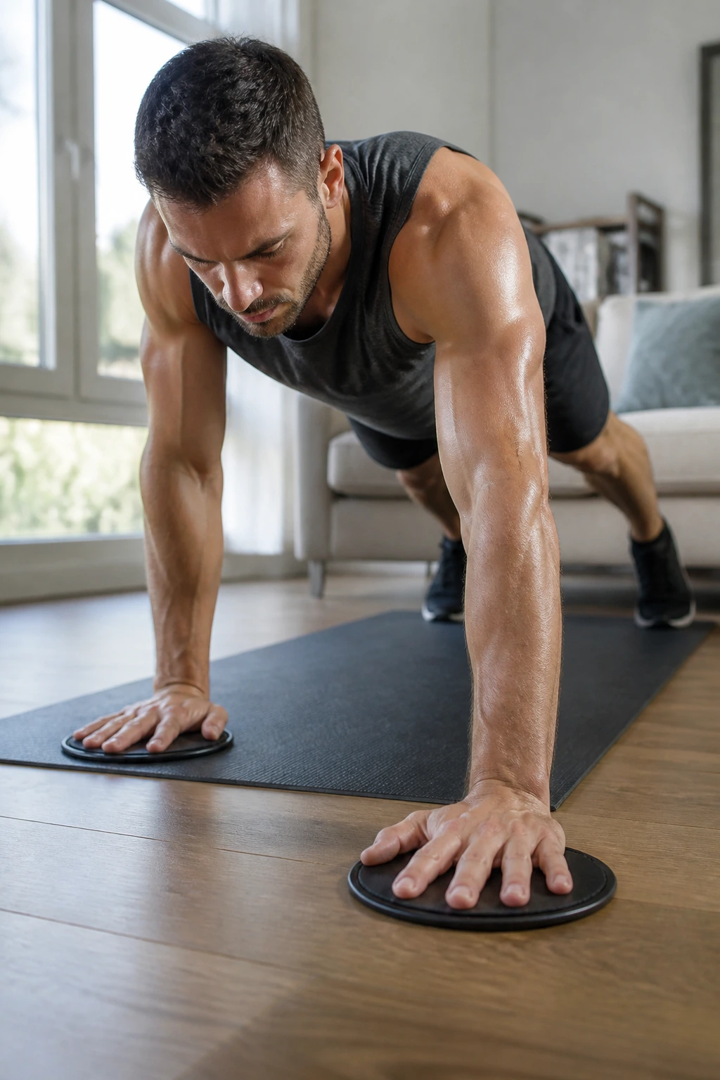 Real person performing slider hand-walk push-ups highlighting anti-rotation