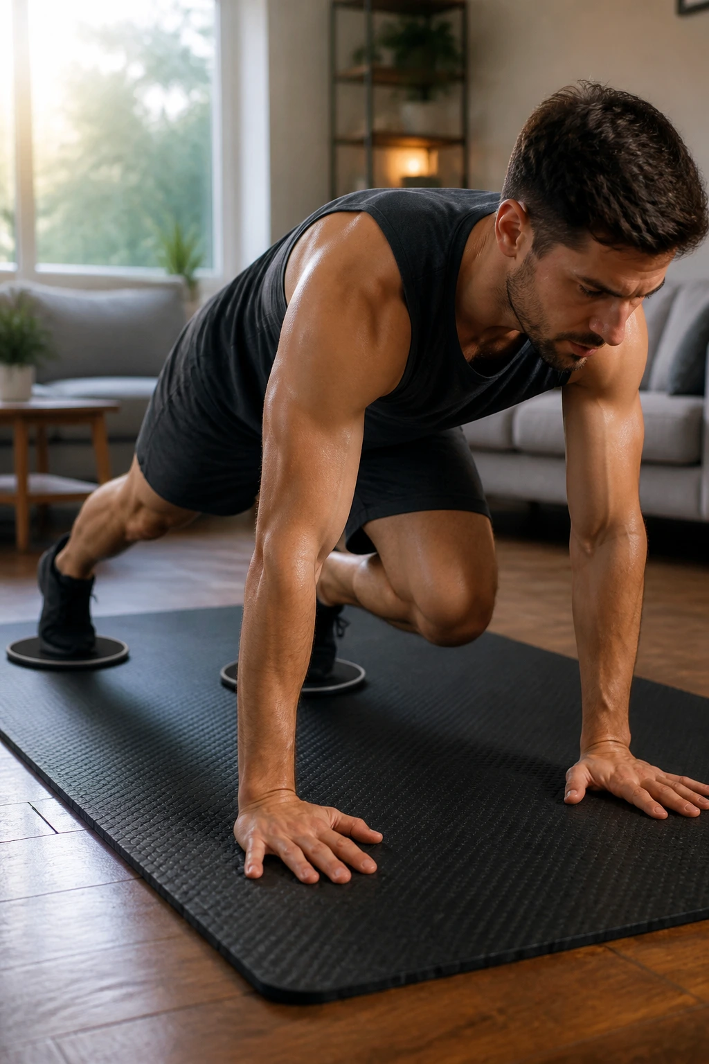 Medium close-up of a person performing slider mountain climbers on a mat in a home setting
