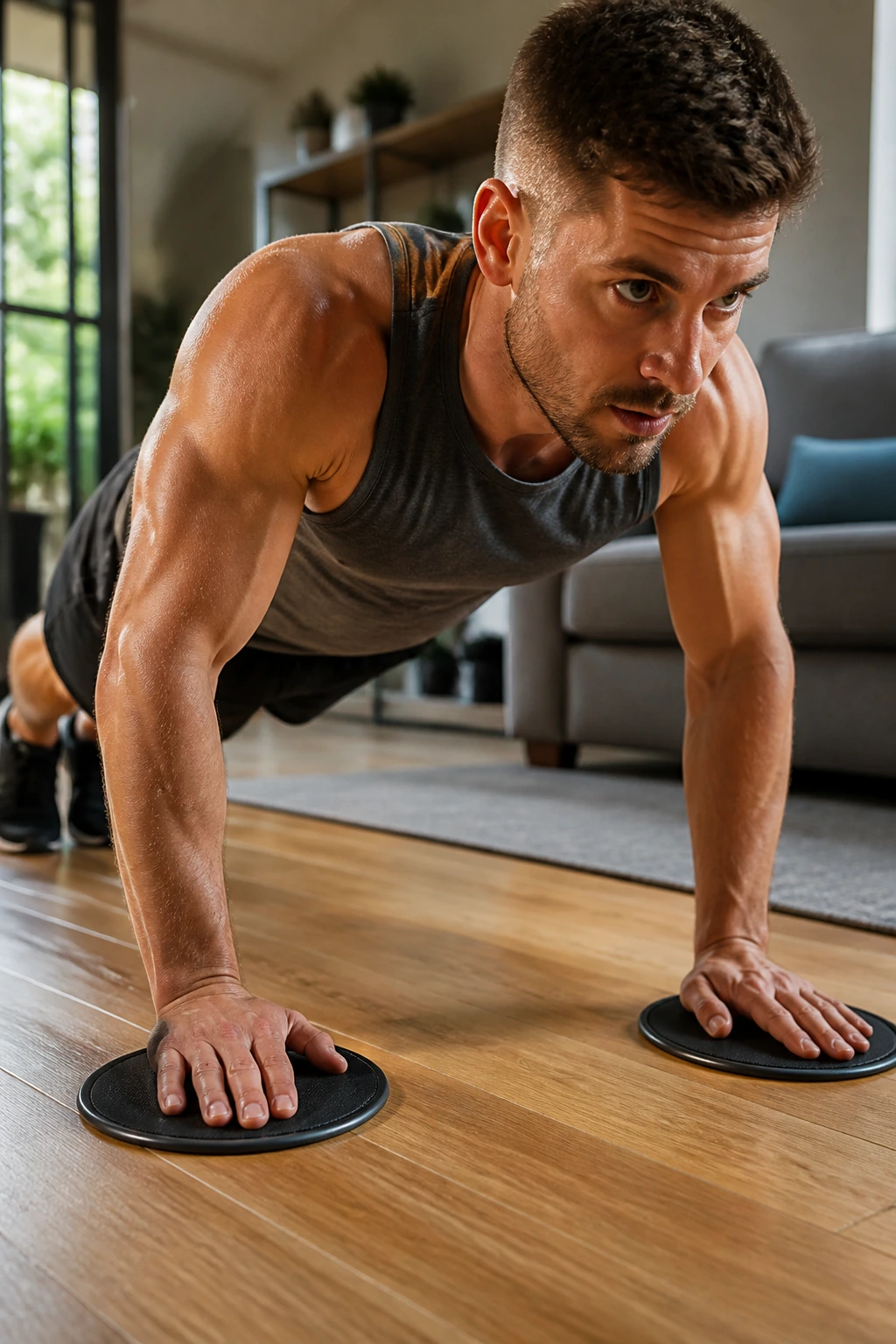 Close-up of a person performing slider push-ups on a home floor with sliders under hands