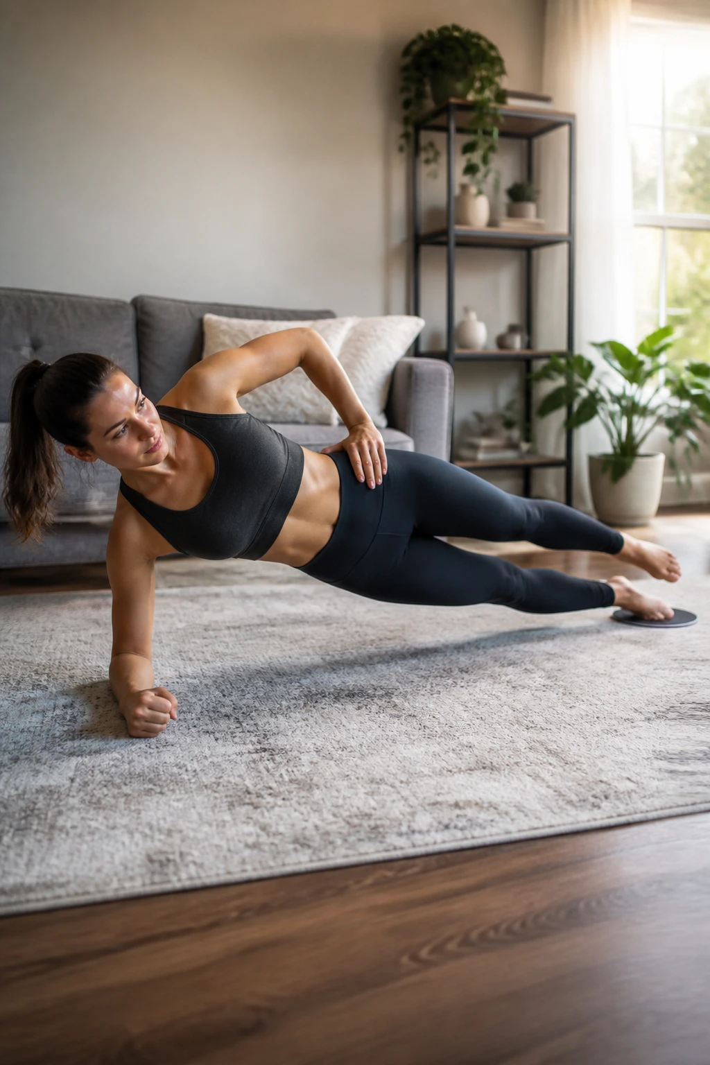 Side plank with top foot on slider performing leg raises on a rug.
