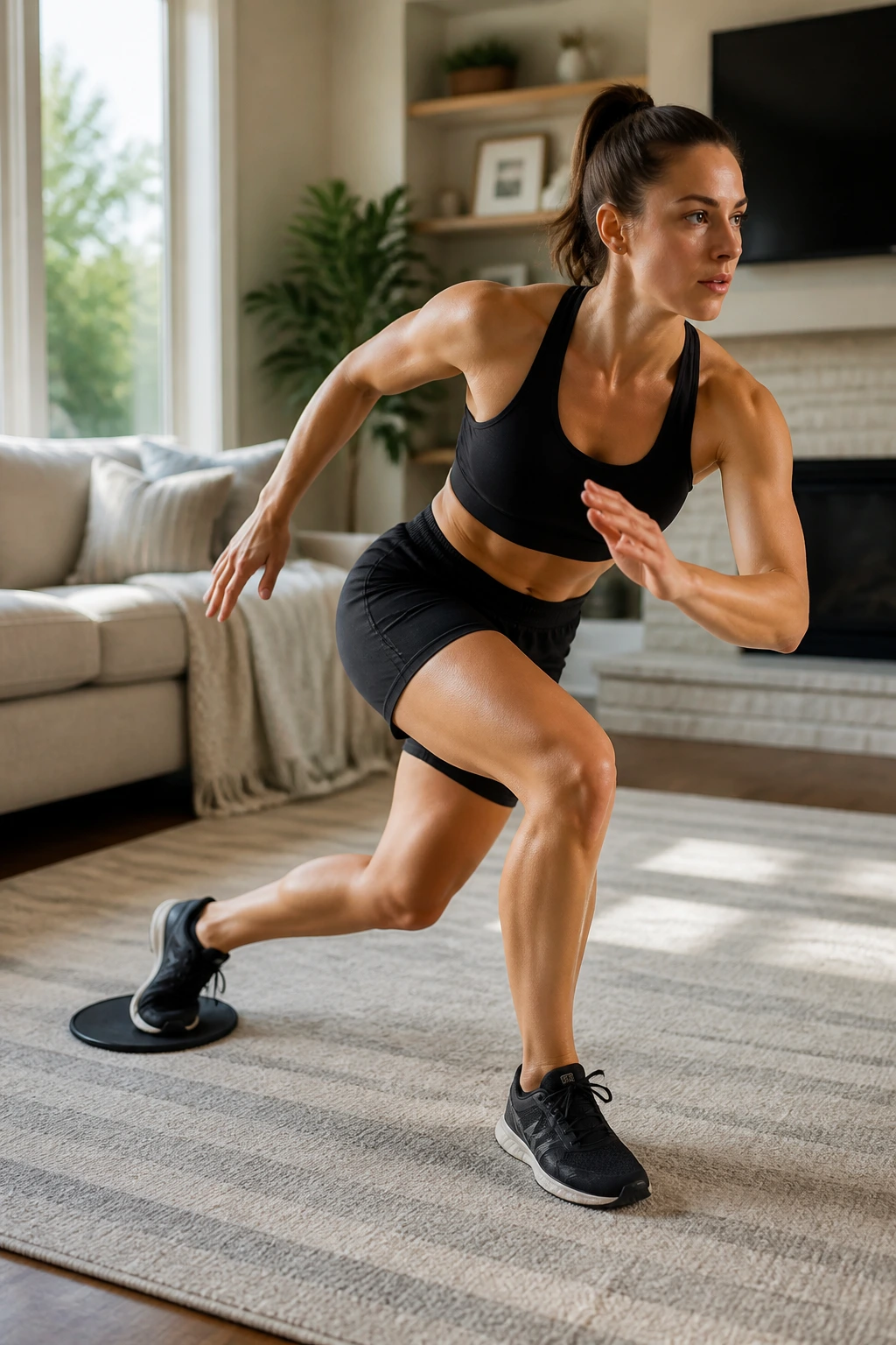 Close-up of a person performing slider skater slides on a living room floor with a slider under the foot.