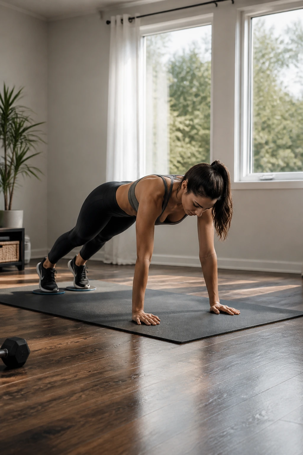 Person performing slider squat thrusts on a mat in a home workout space.