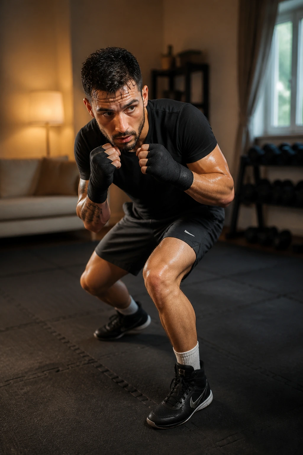 Portrait of a boxer performing slips and rolls in a home workout space