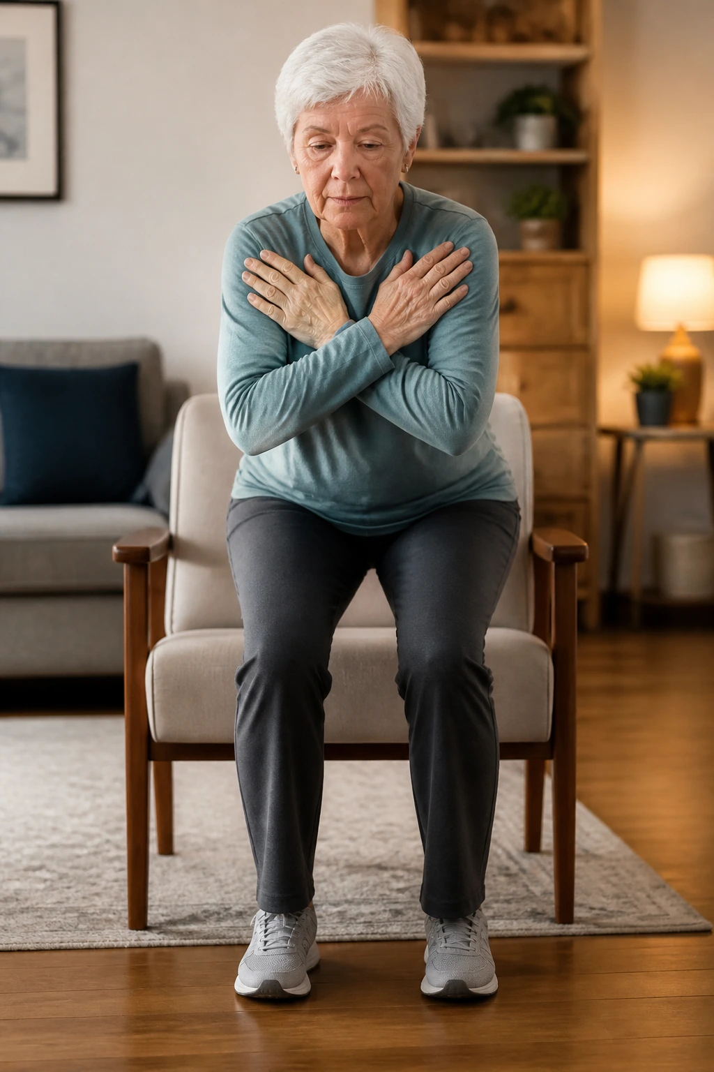 Person slowly lowering into a chair to sit safely