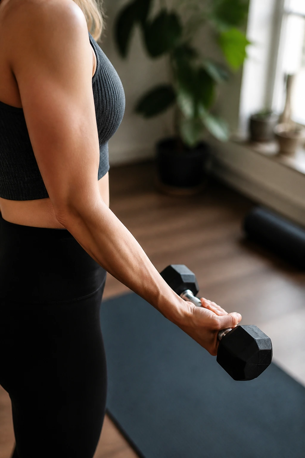 Close-up of forearm lowering a dumbbell slowly in Slow Eccentric Curl