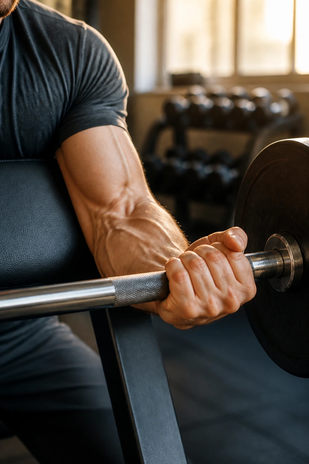 Close-up of forearm and hand on barbell during slow lowering phase in a gym