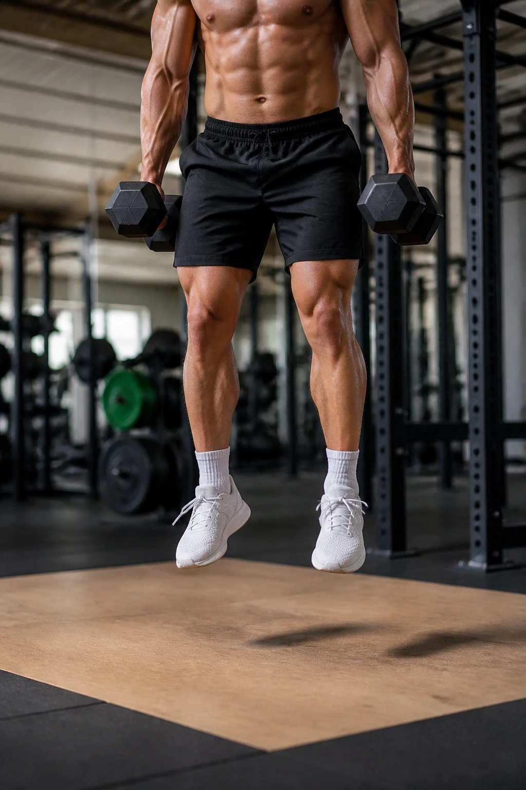 Close-up of lifter mid-air with light dumbbells in a gym