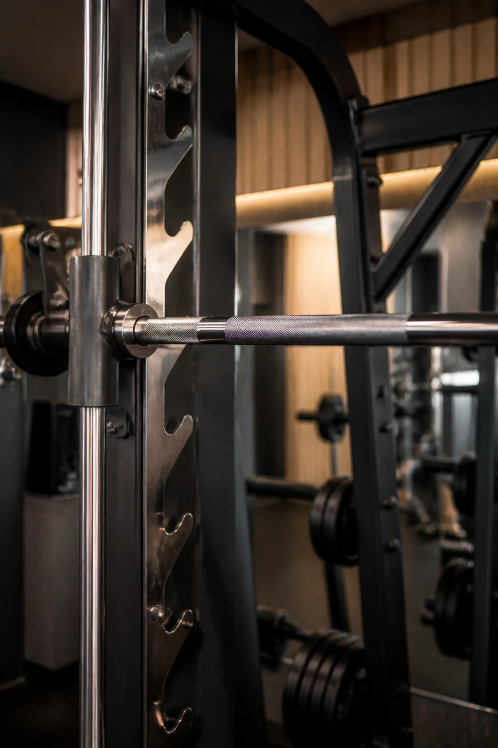 Close-up of a Smith machine bar on rails in a gym.