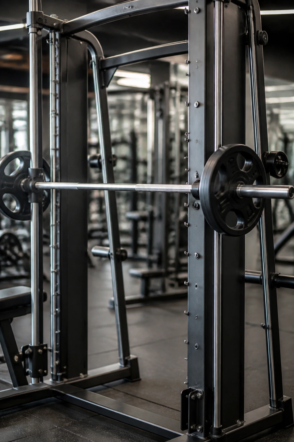 Close-up of Smith machine bar on rails in a gym