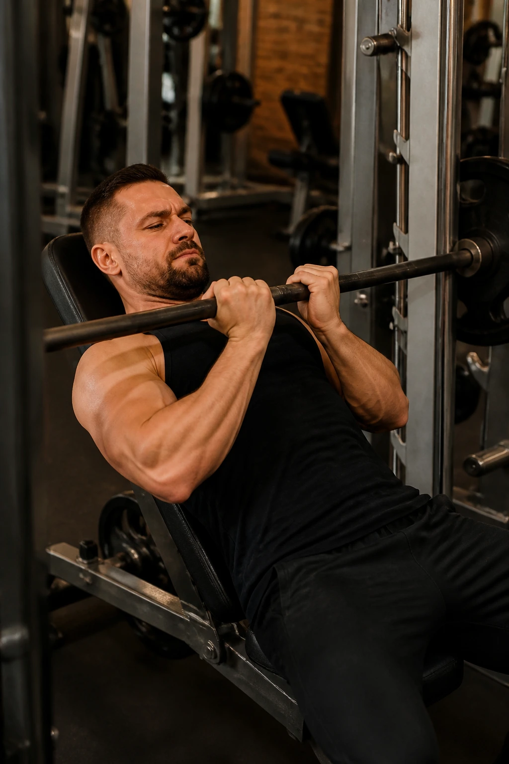 Mid-torso view of a person pressing on a Smith machine with close grip