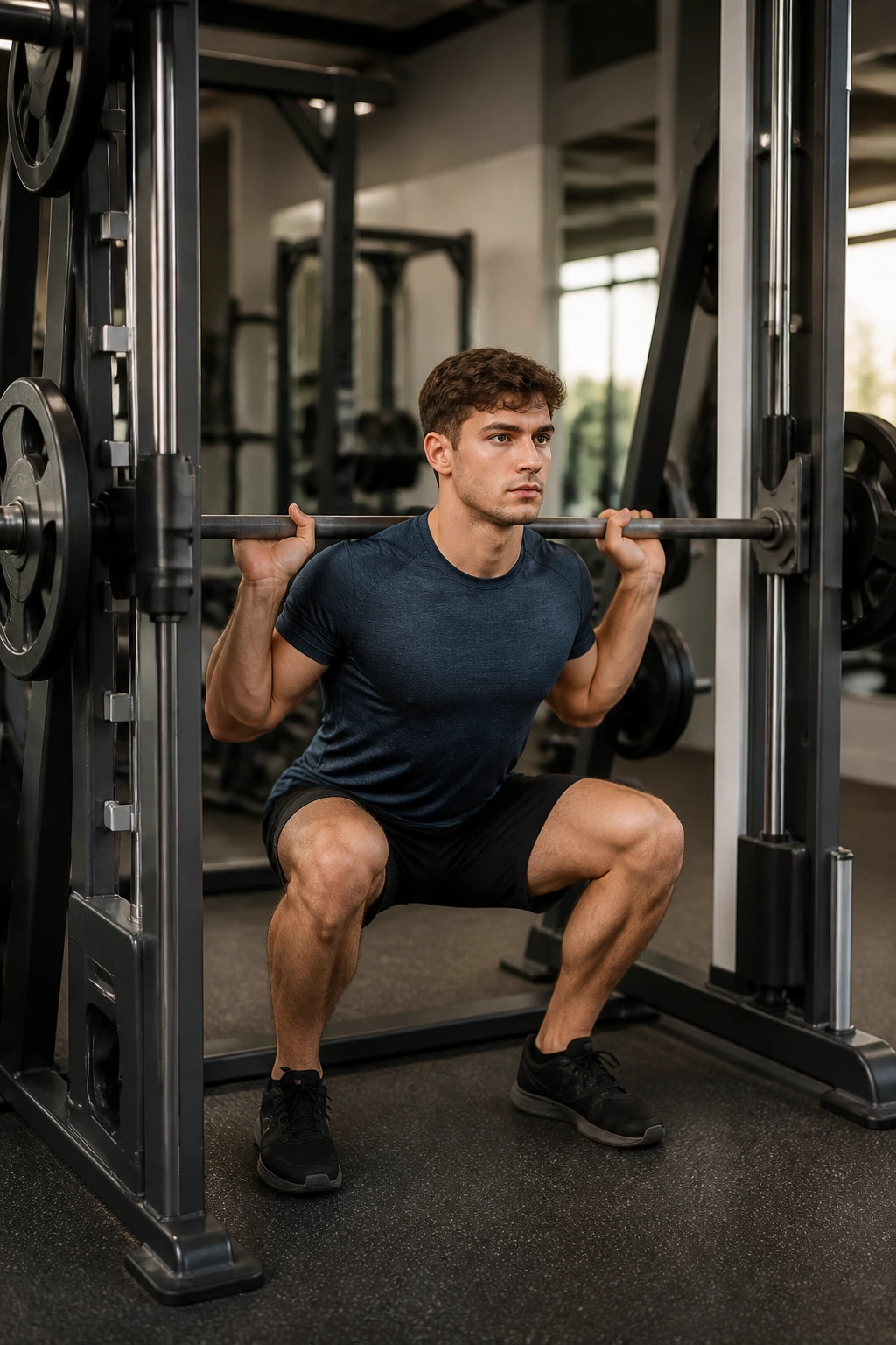 Person squatting on Smith machine in gym