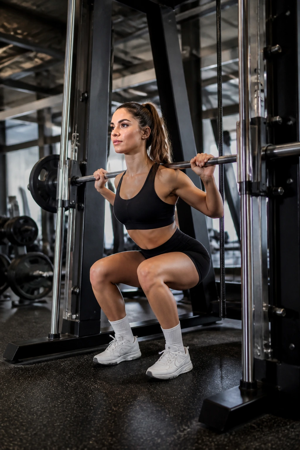 Real person using Smith machine for squats in gym