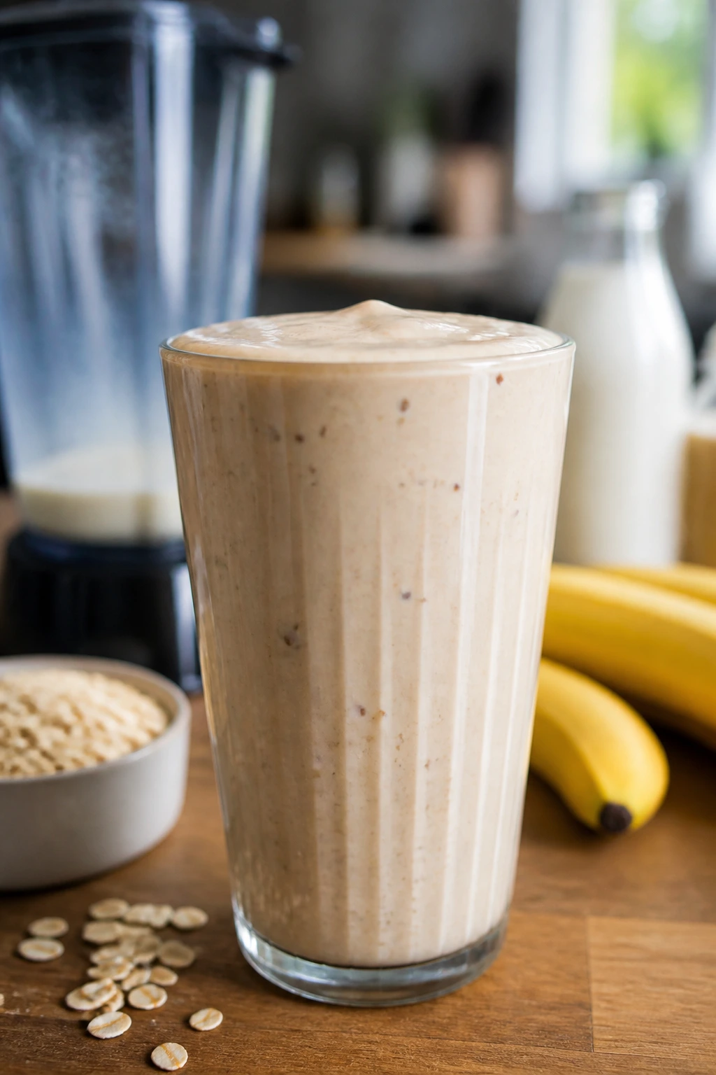 Close-up of a thick smoothie in a glass on a kitchen counter, high-protein liquid calories