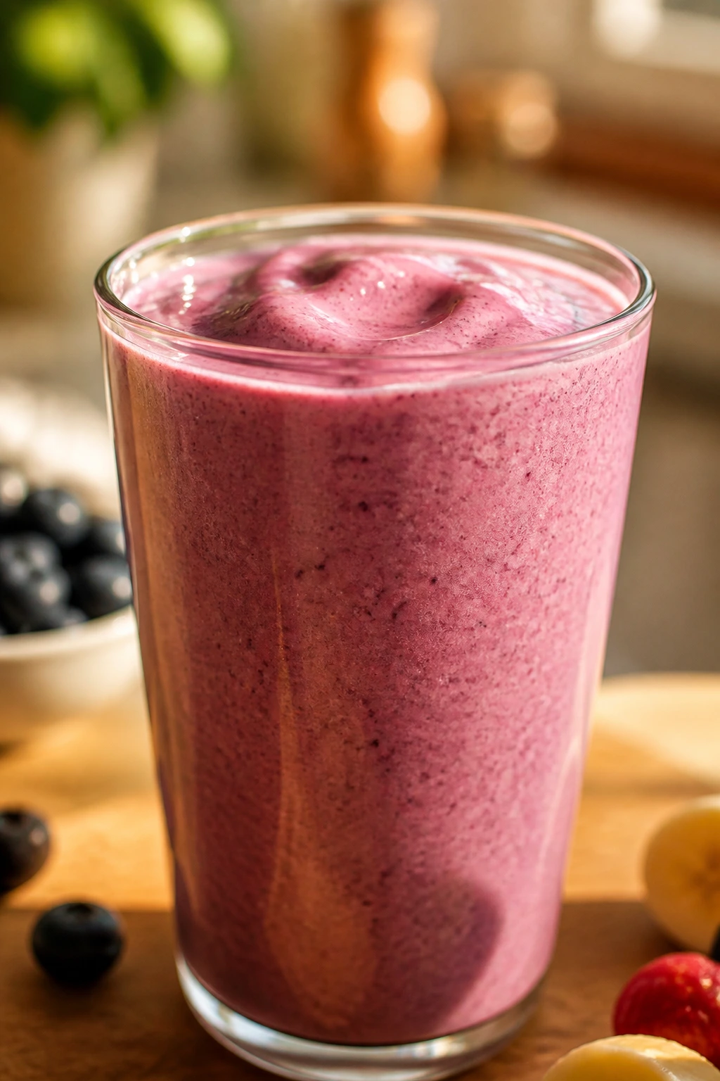 Close-up of thick smoothie in glass on a kitchen counter with morning light
