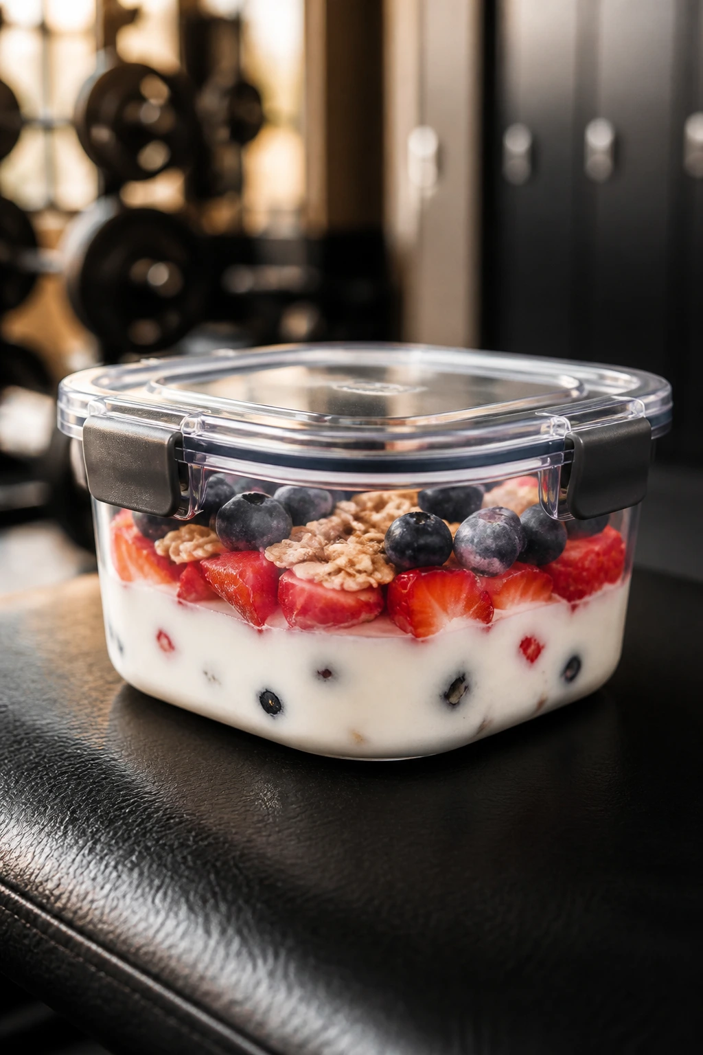Close-up of a leakproof snack container with yogurt and berries on a gym bench, background blurred