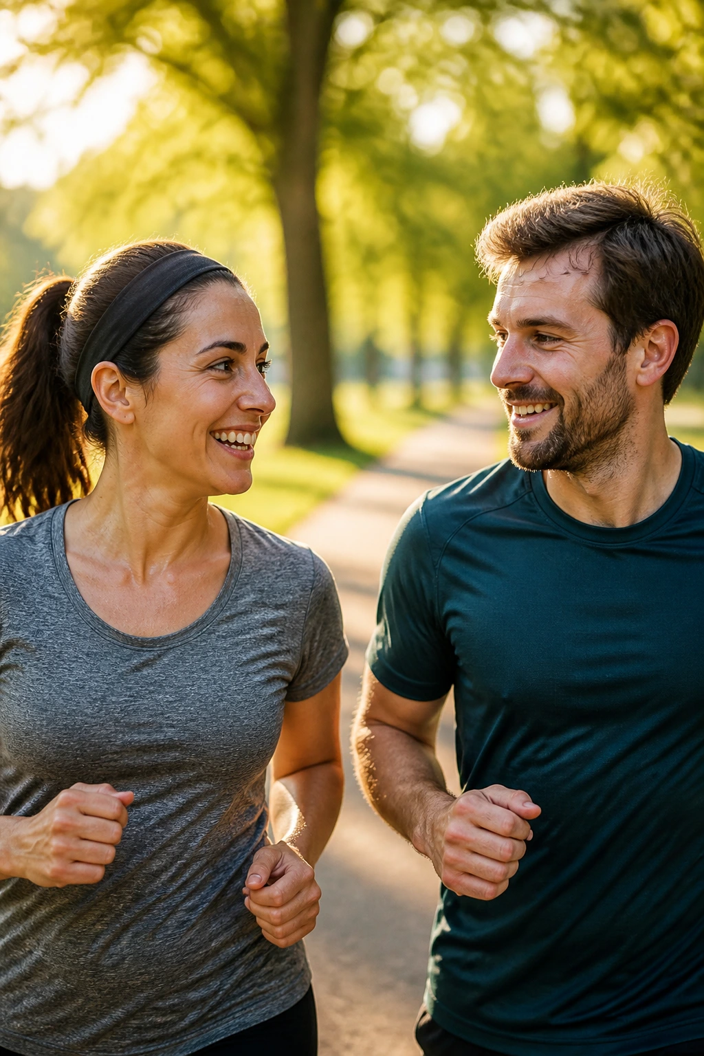 Close up of two runners chatting during a park run, showcasing social pacing.