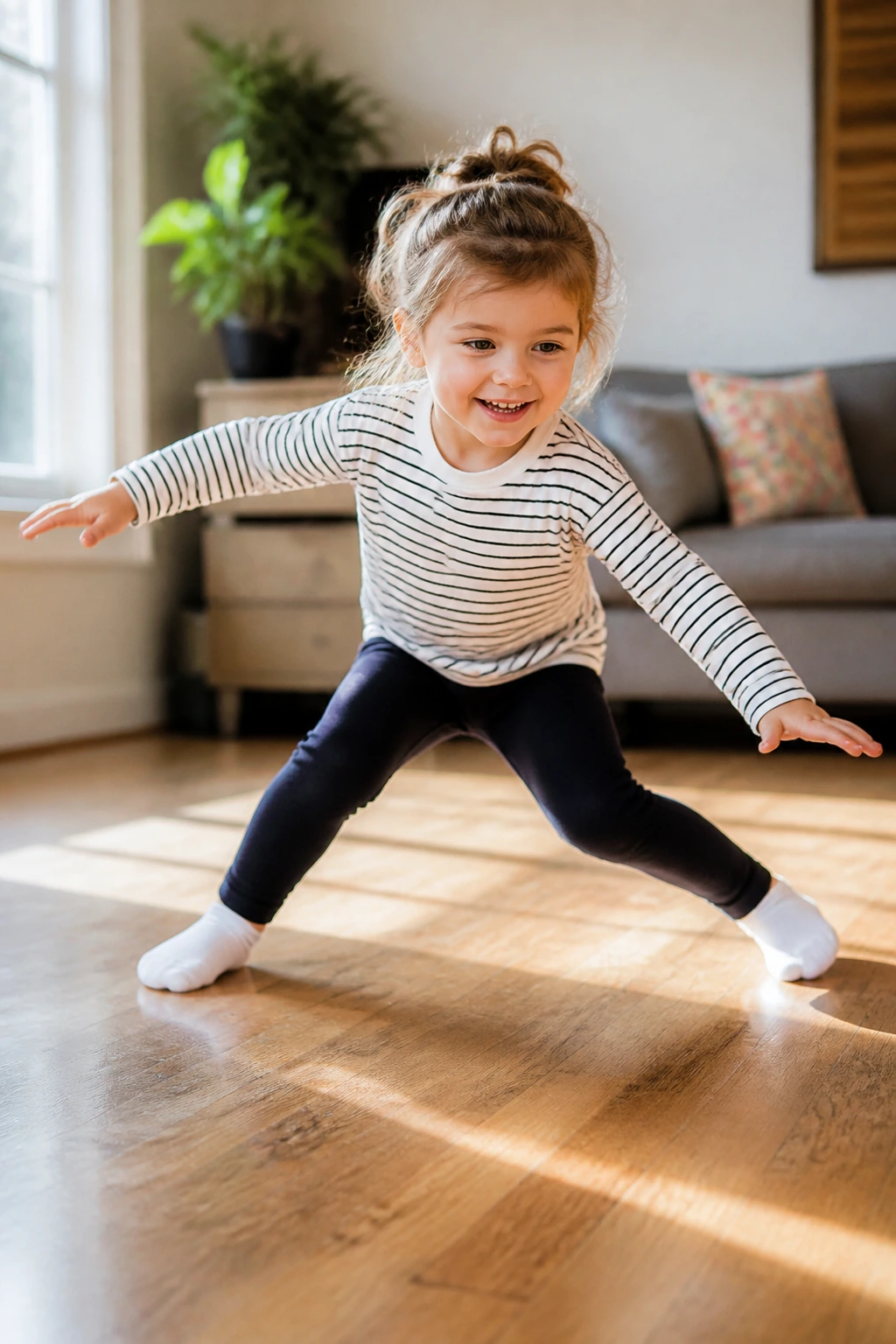 Toddler sliding on socks on a smooth wooden floor in a sunlit living room