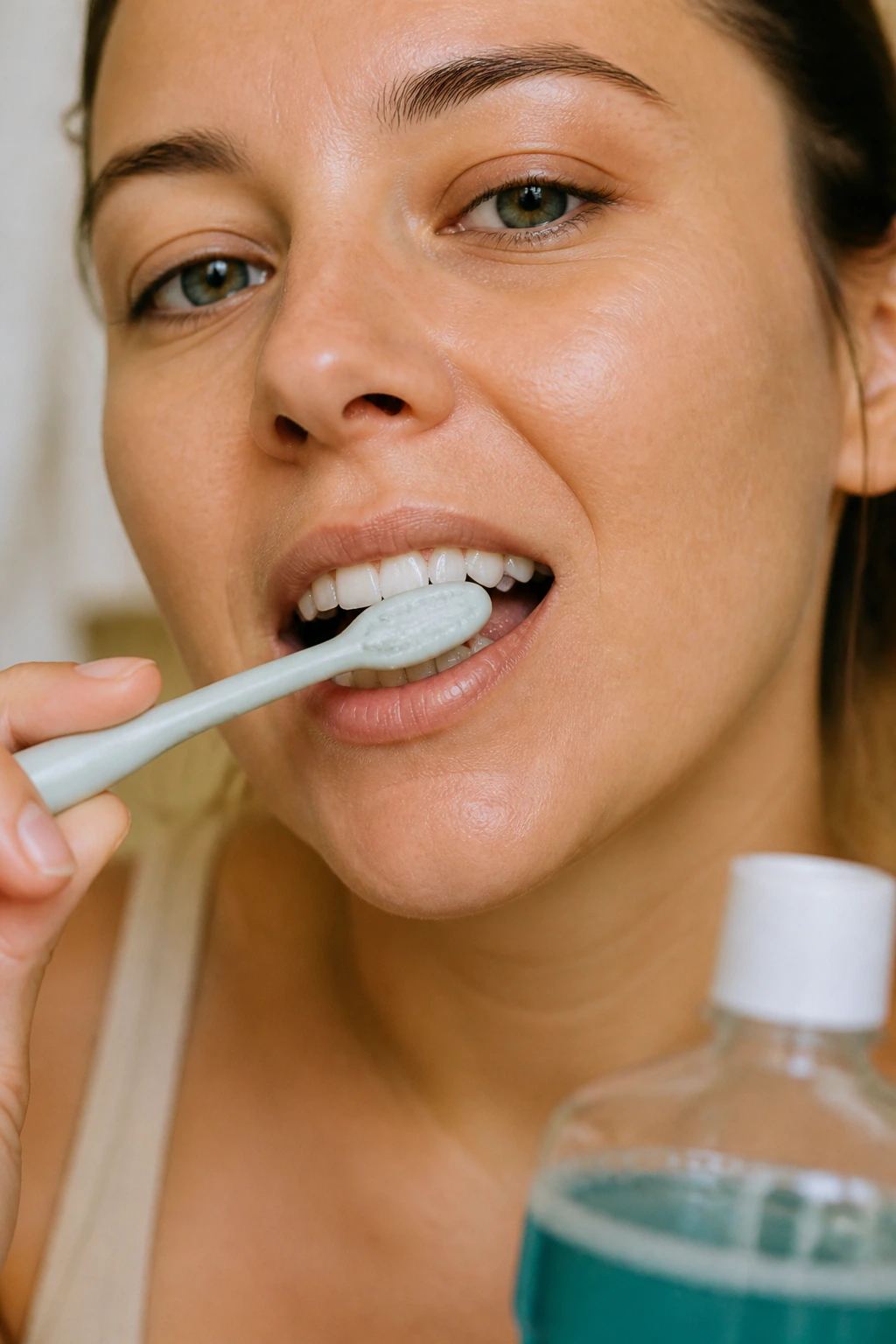 Close-up of a person brushing with a soft toothbrush.