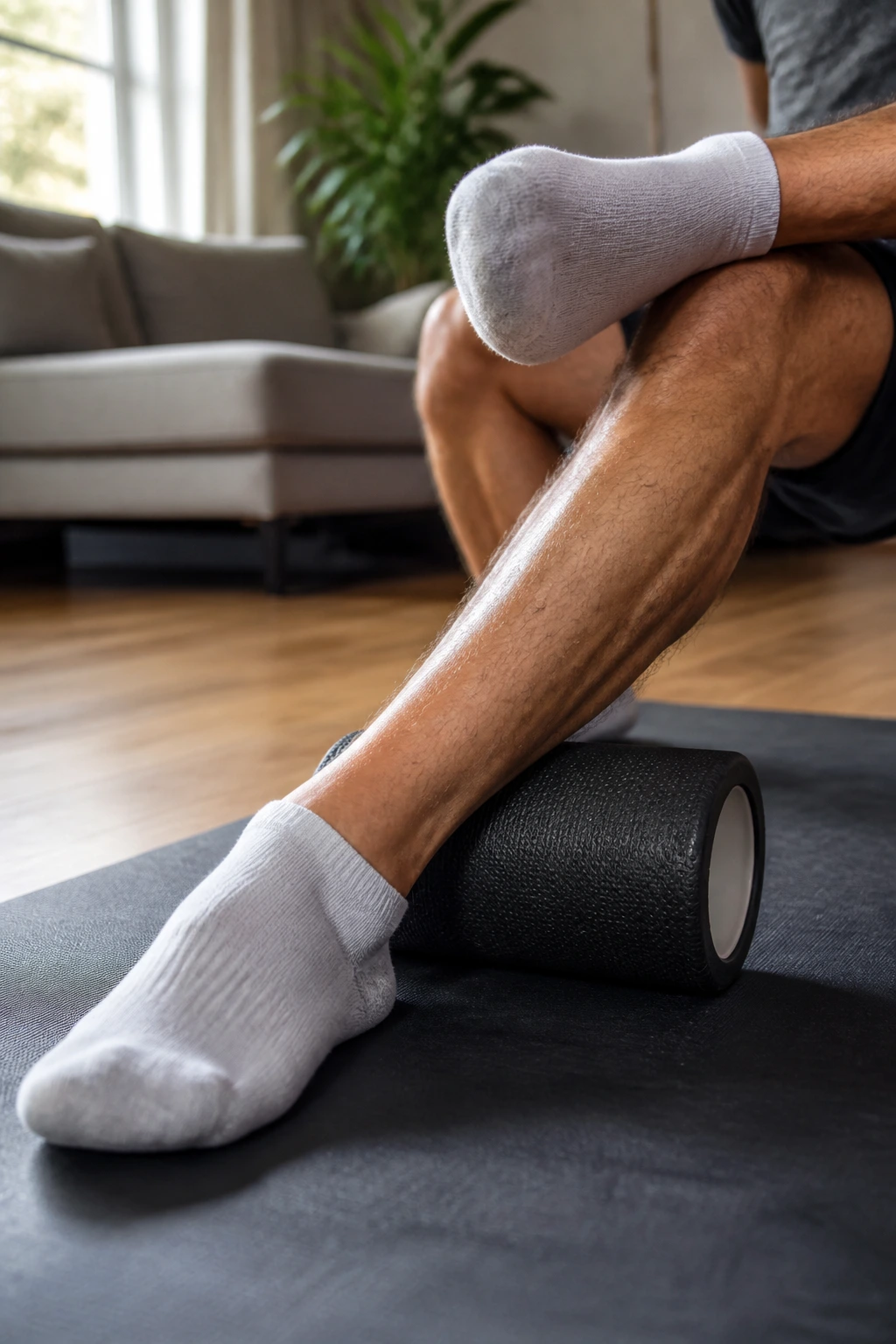 Close-up of lower leg with foam roller under soleus muscle during deep calf routine