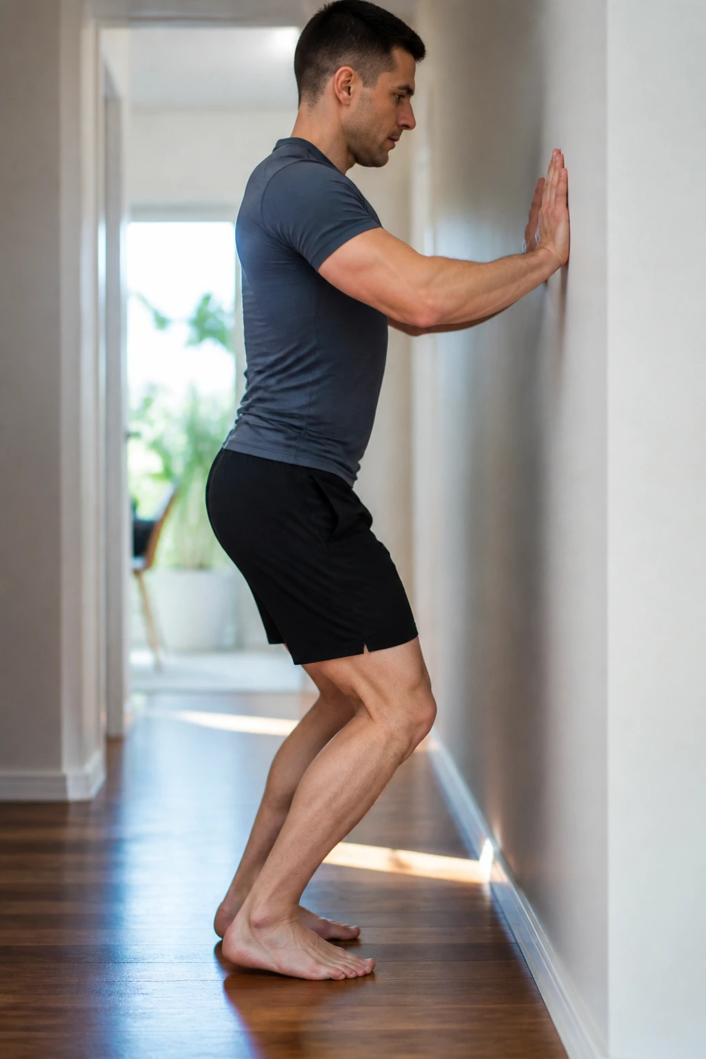 Close-up of a person performing soleus calf stretch with bent knees against a wall.