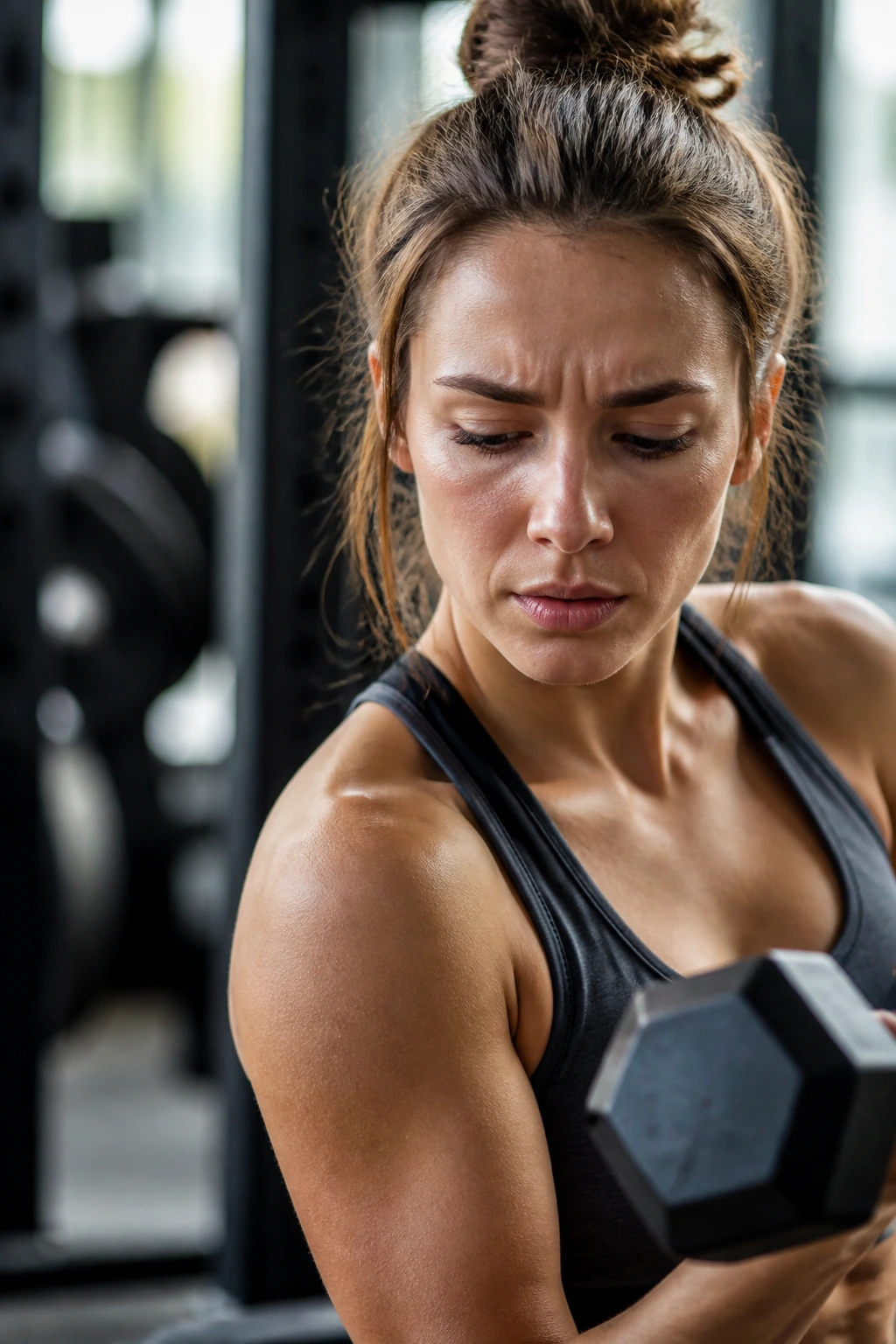 Close-up of a woman’s cautious expression during exercise