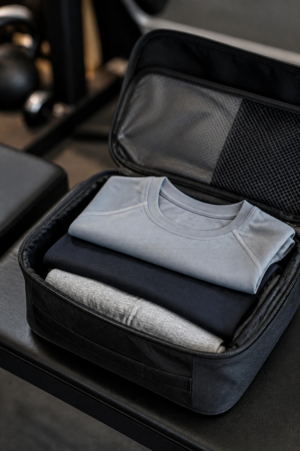 Packing cube with clean gym clothes on a bench
