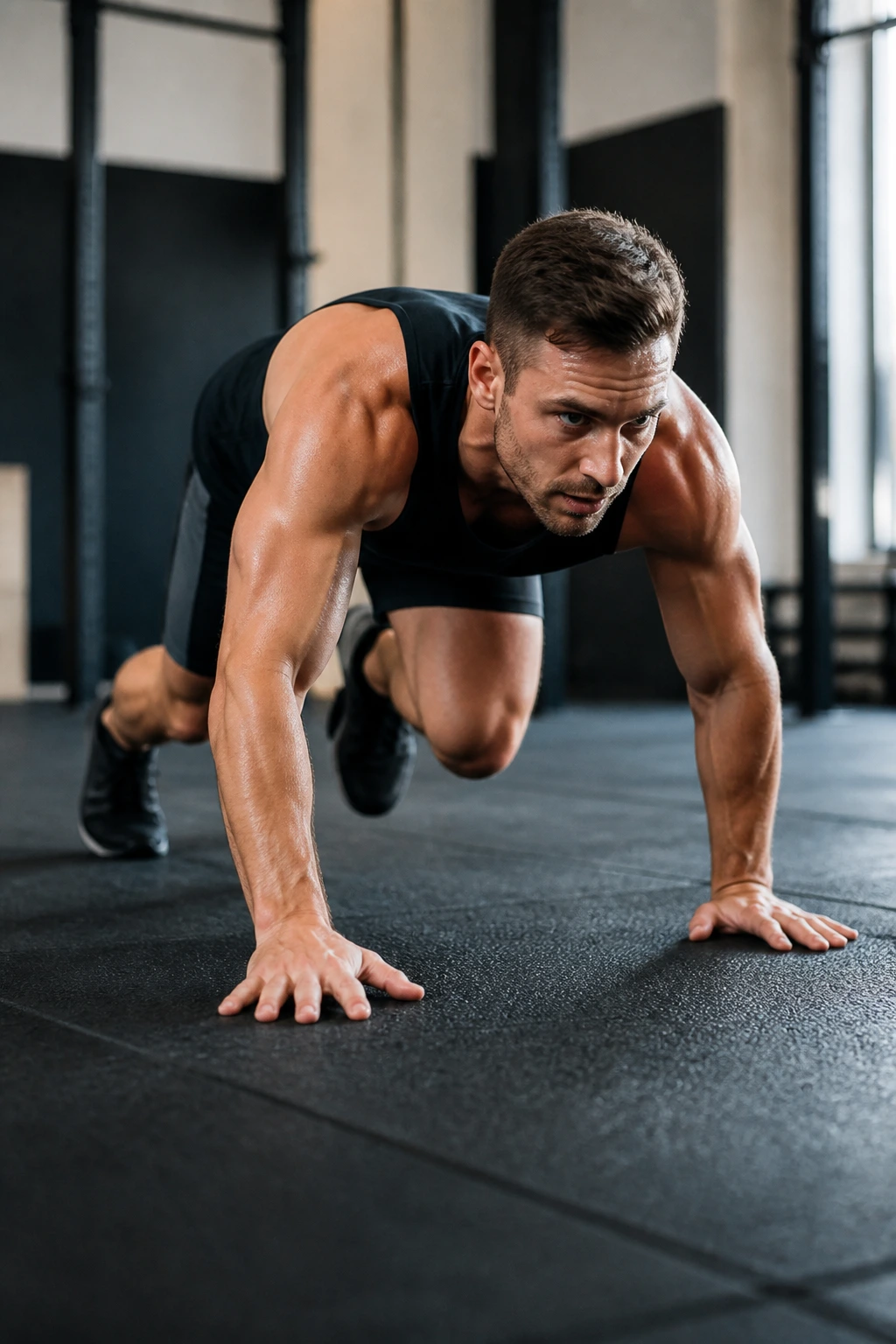 Athlete performing a fast bear crawl with controlled form
