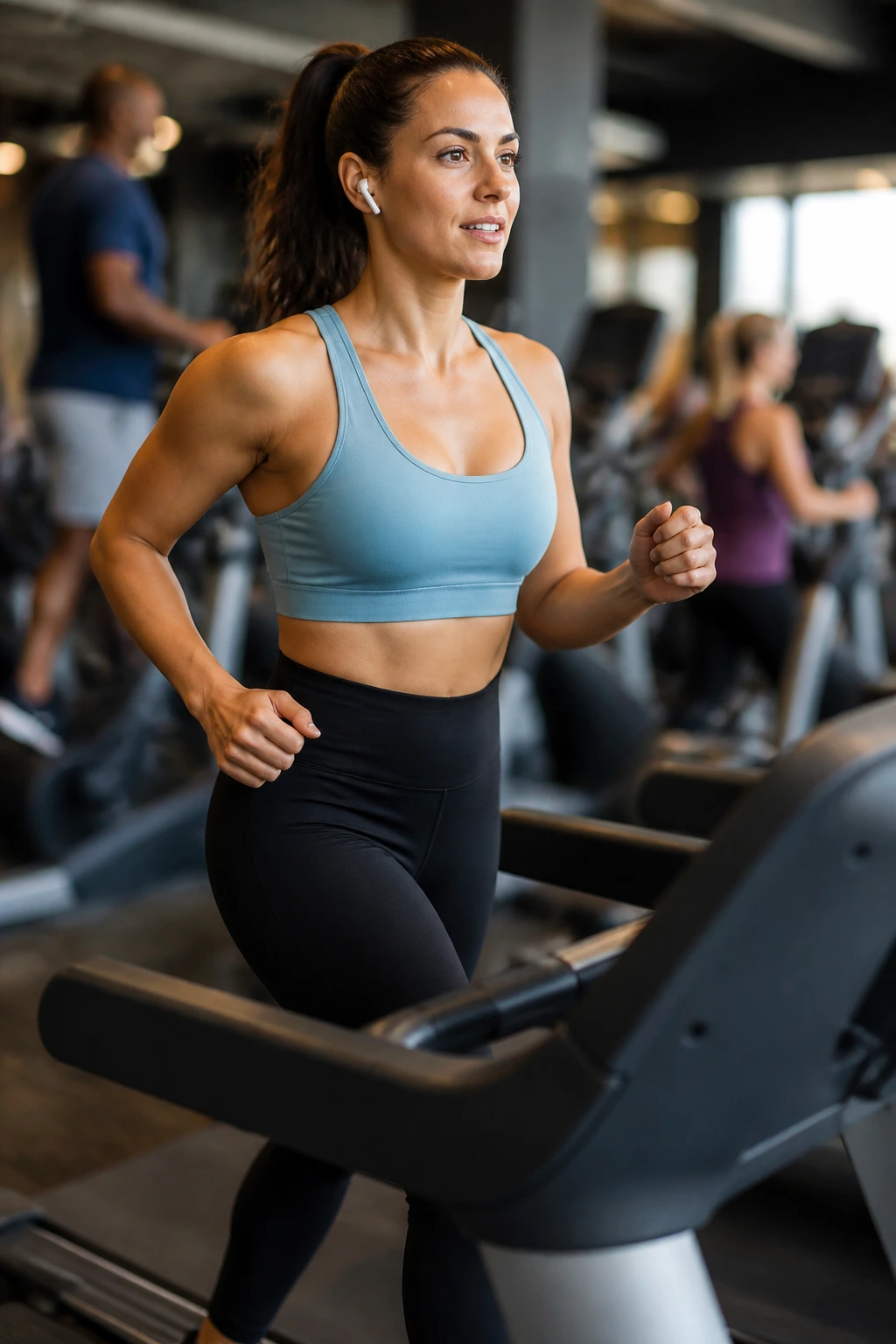 Real person on treadmill performing a quick speed-bump interval in a gym