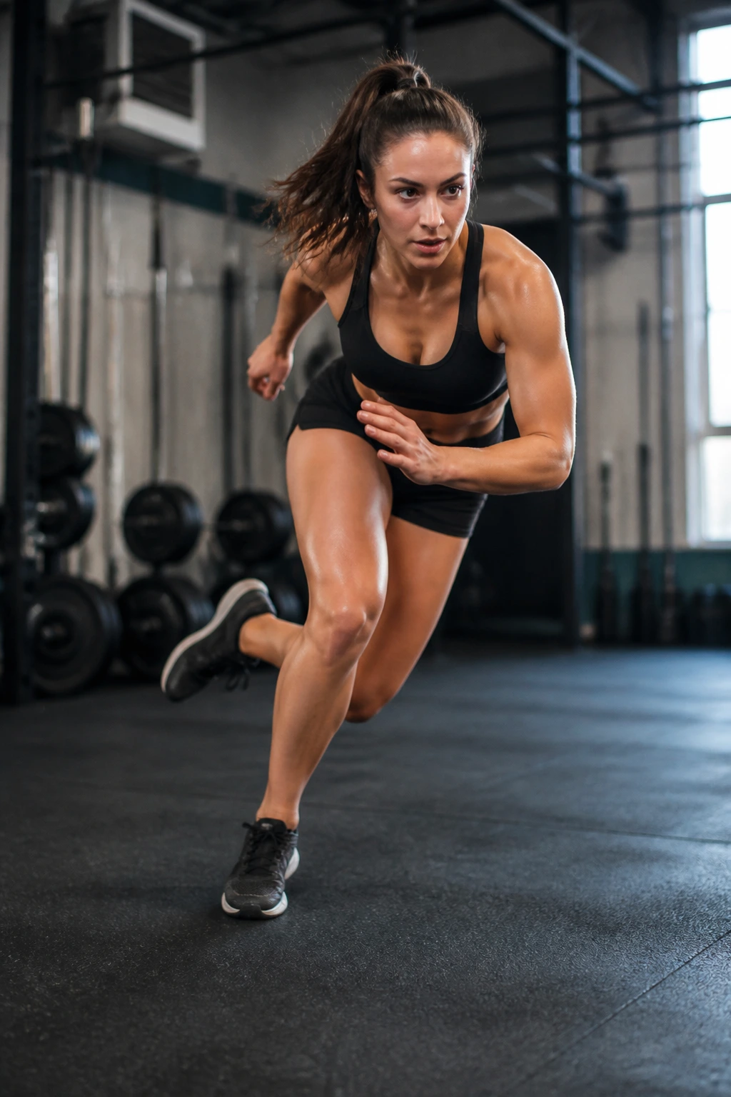 Athlete performing a lateral speed-skater jump in a gym or track